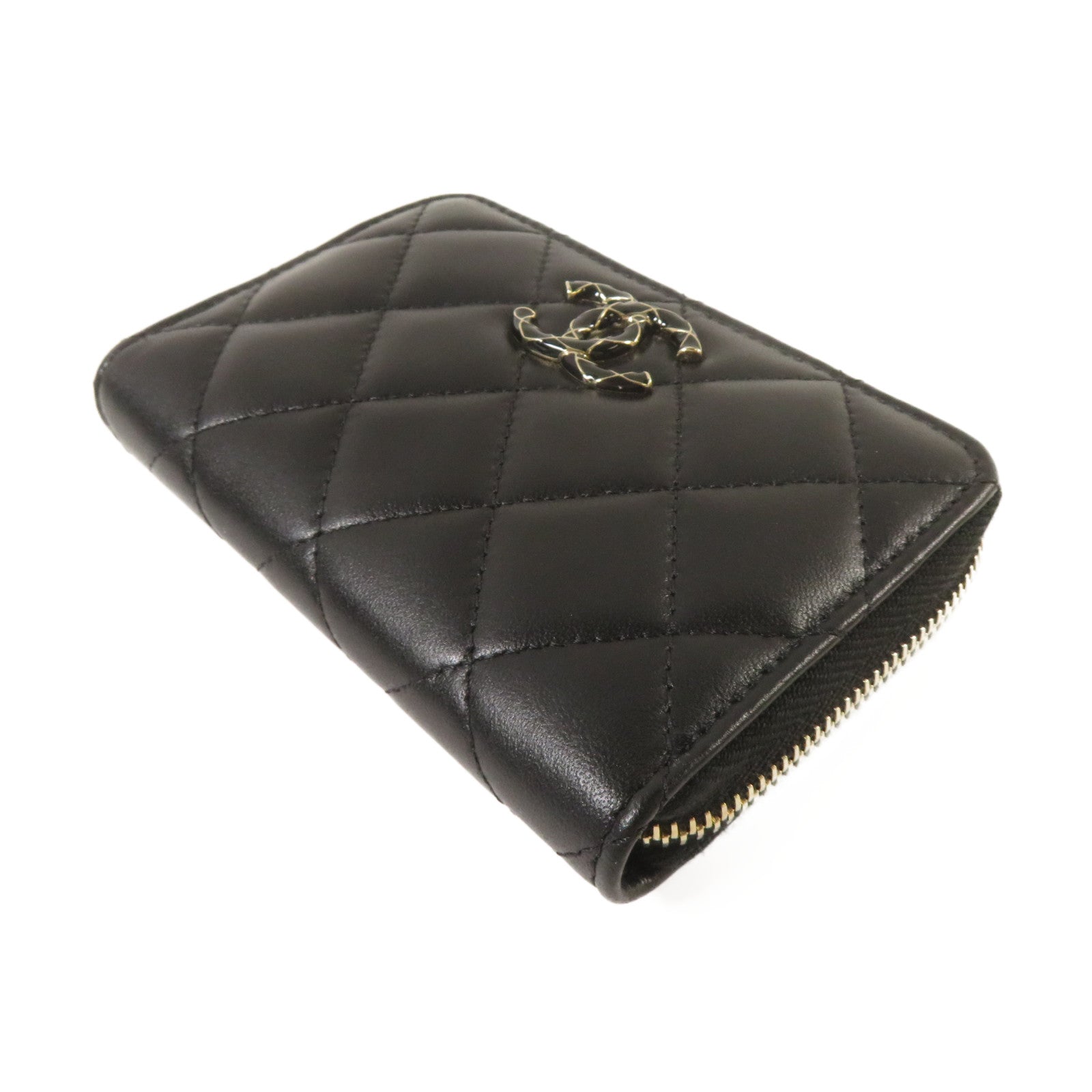 CHANEL 菱格羊皮皮革Zipper Wallet金扣錢包黑色