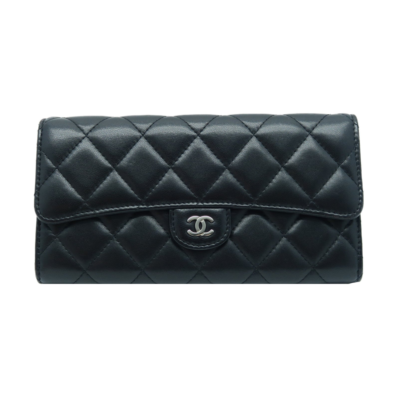 CHANEL 菱格羊皮皮革Long Wallet銀扣啪鈕長錢包黑色