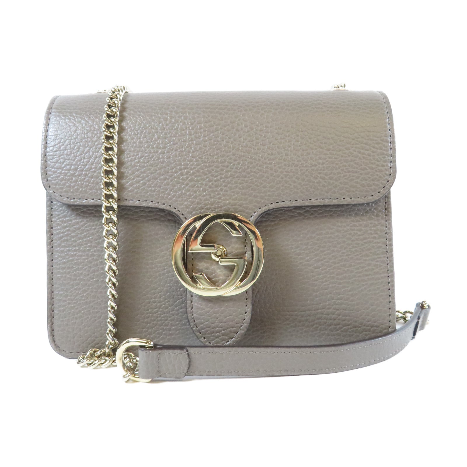 GUCCI 牛皮皮革Chain Shoulder金扣鏈帶肩背袋灰色