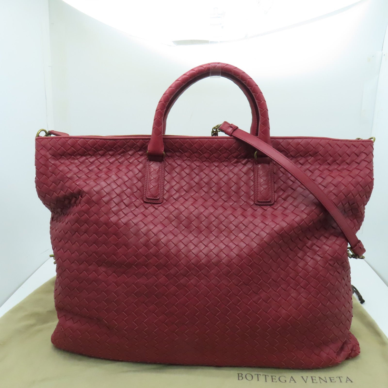 BOTTEGA VENETA 織紋皮革2way Shoulder Bag金扣手挽肩背兩用袋紅色