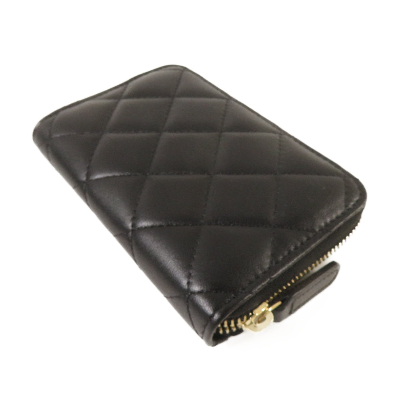 CHANEL 菱格羊皮皮革Zipper Wallet金扣錢包黑色