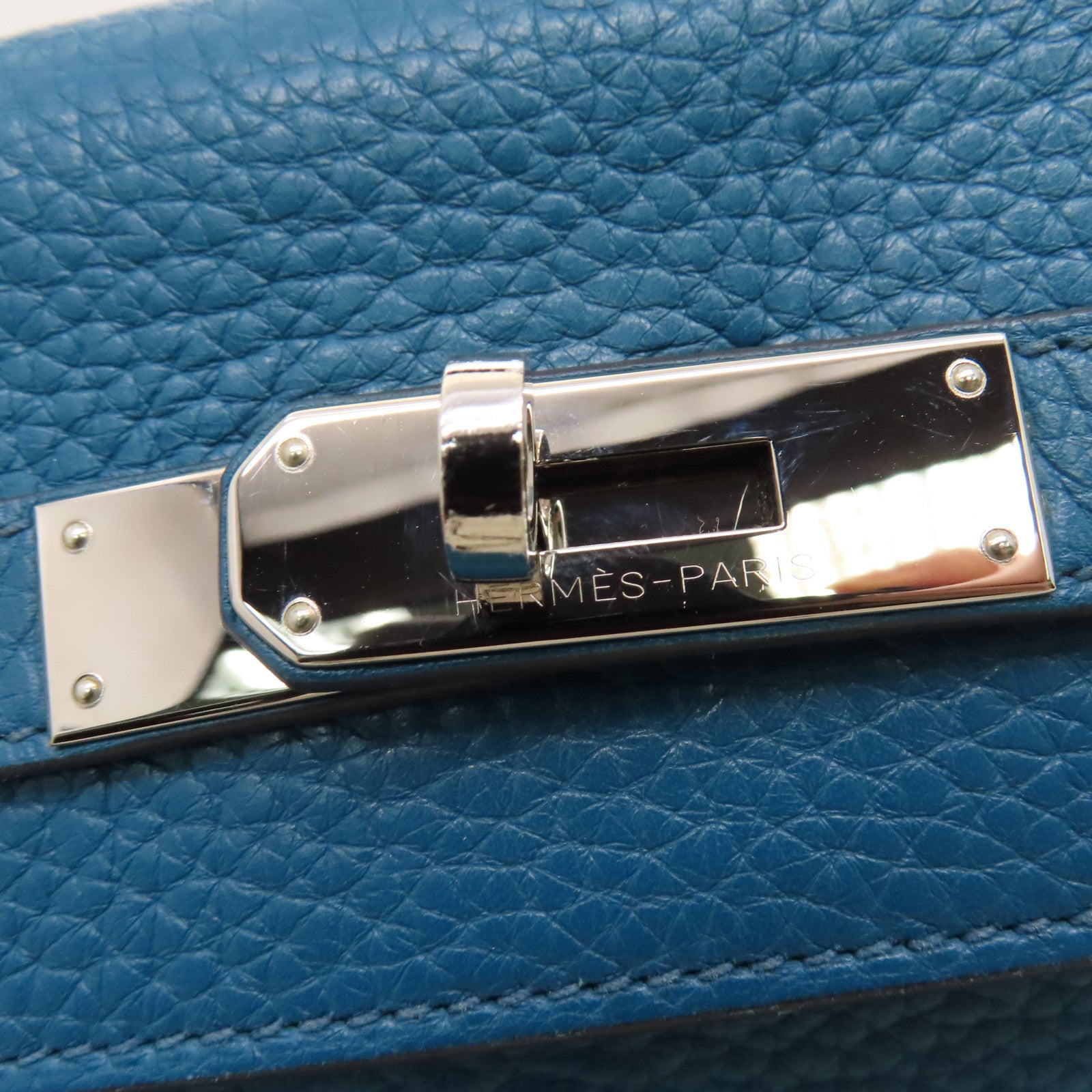HERMES Clemence Leather Kelly32 Silver Buckle Handle Shoulder Backpack Bleu de Galice/Dark Blue