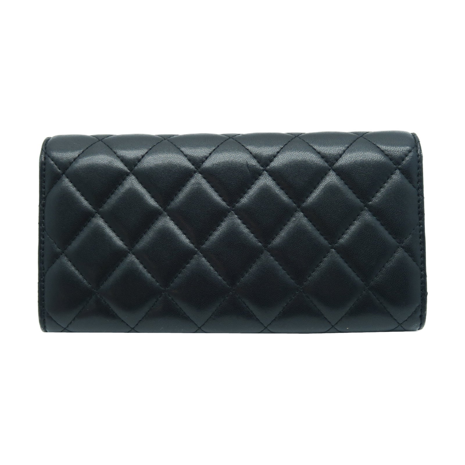 CHANEL 菱格羊皮皮革Long Wallet銀扣啪鈕長錢包黑色