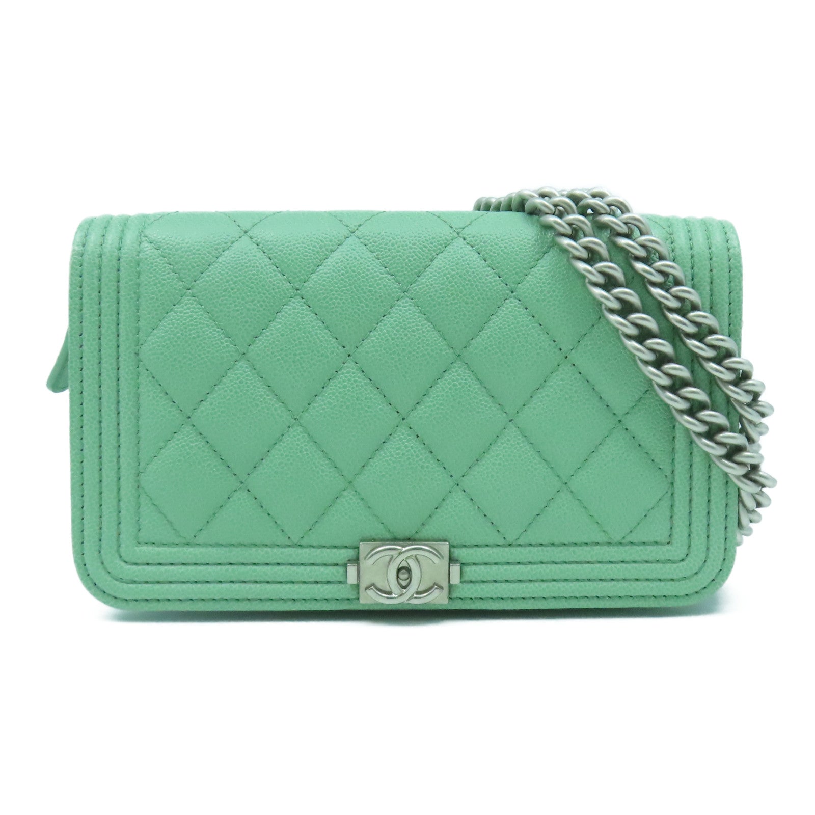 CHANEL 菱格Caviar皮革Boy Chain Shoulder Bag銀扣鏈帶肩背袋淺綠色