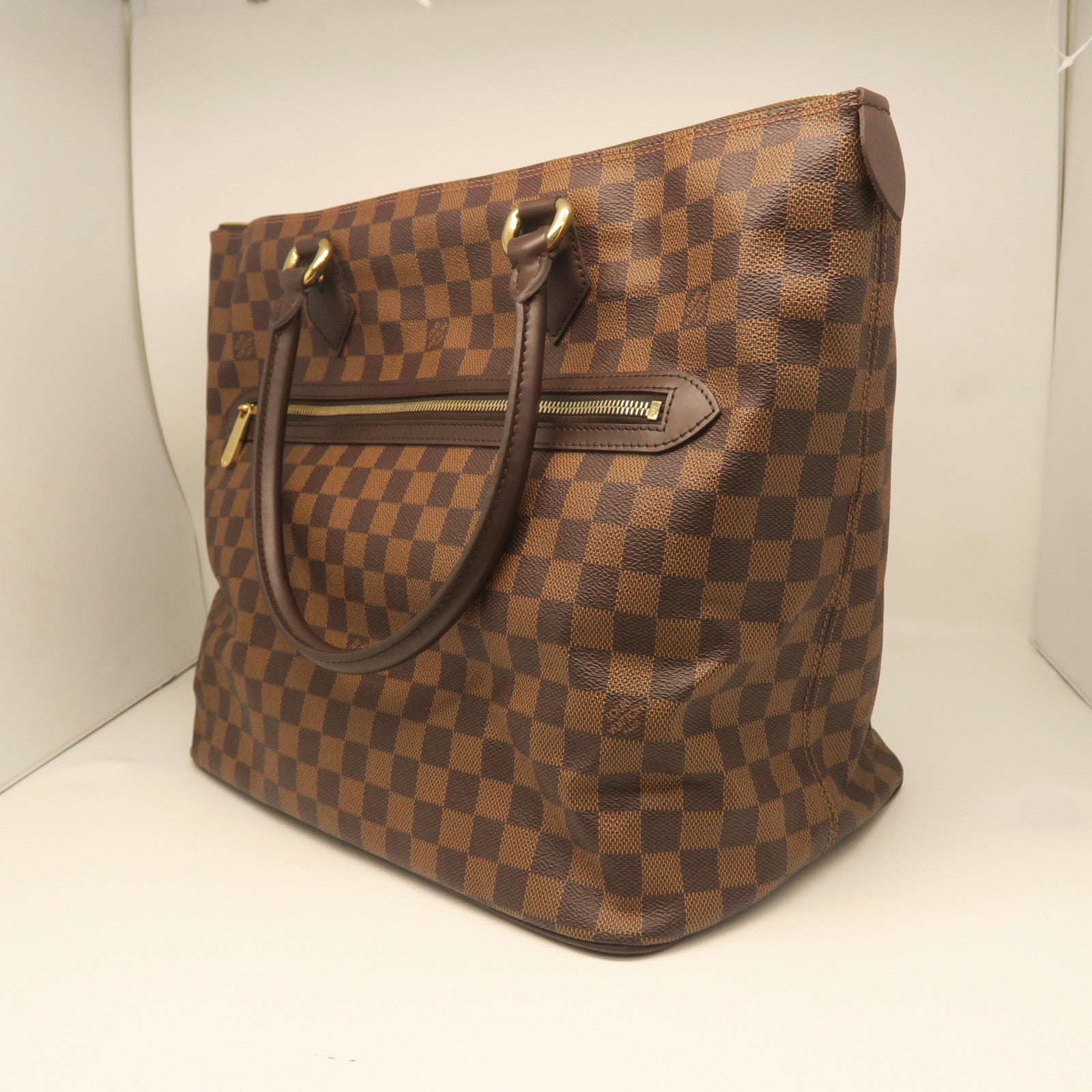 LOUIS VUITTON Damier Saleya GM gold buckle handle bag brown