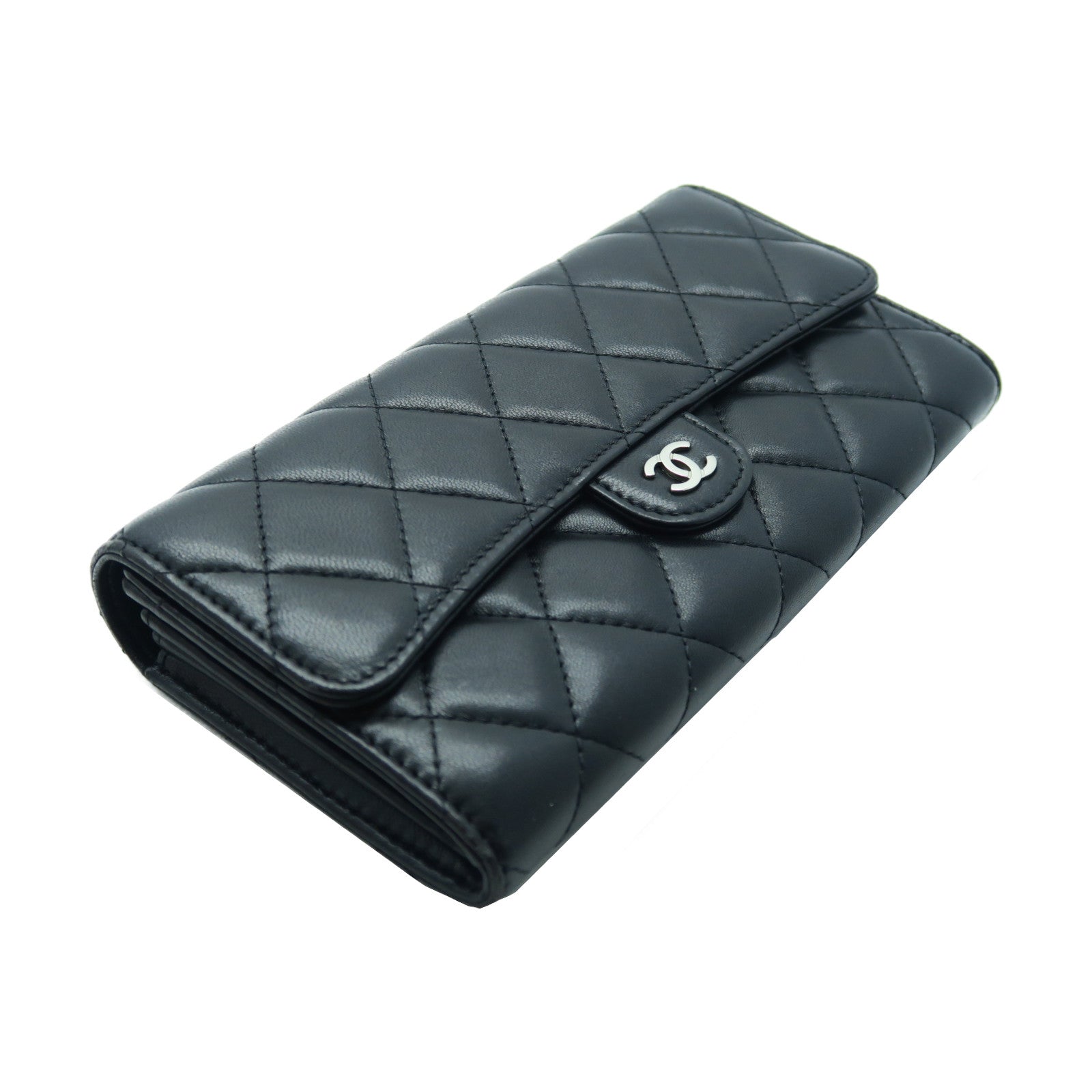 CHANEL 菱格羊皮皮革Long Wallet銀扣啪鈕長錢包黑色