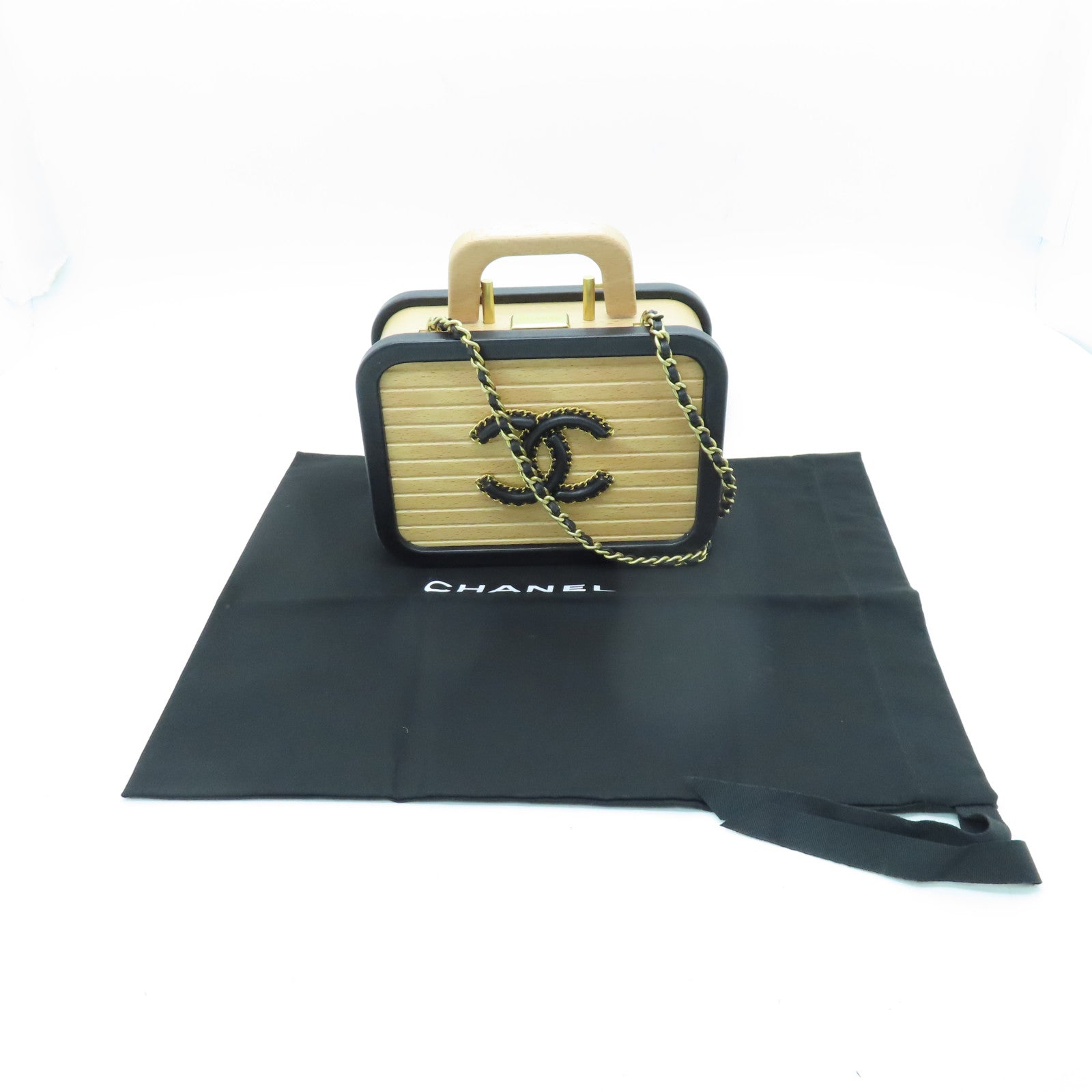 CHANEL 木制Vanity Case Wood金扣链带肩背袋米色/黑色