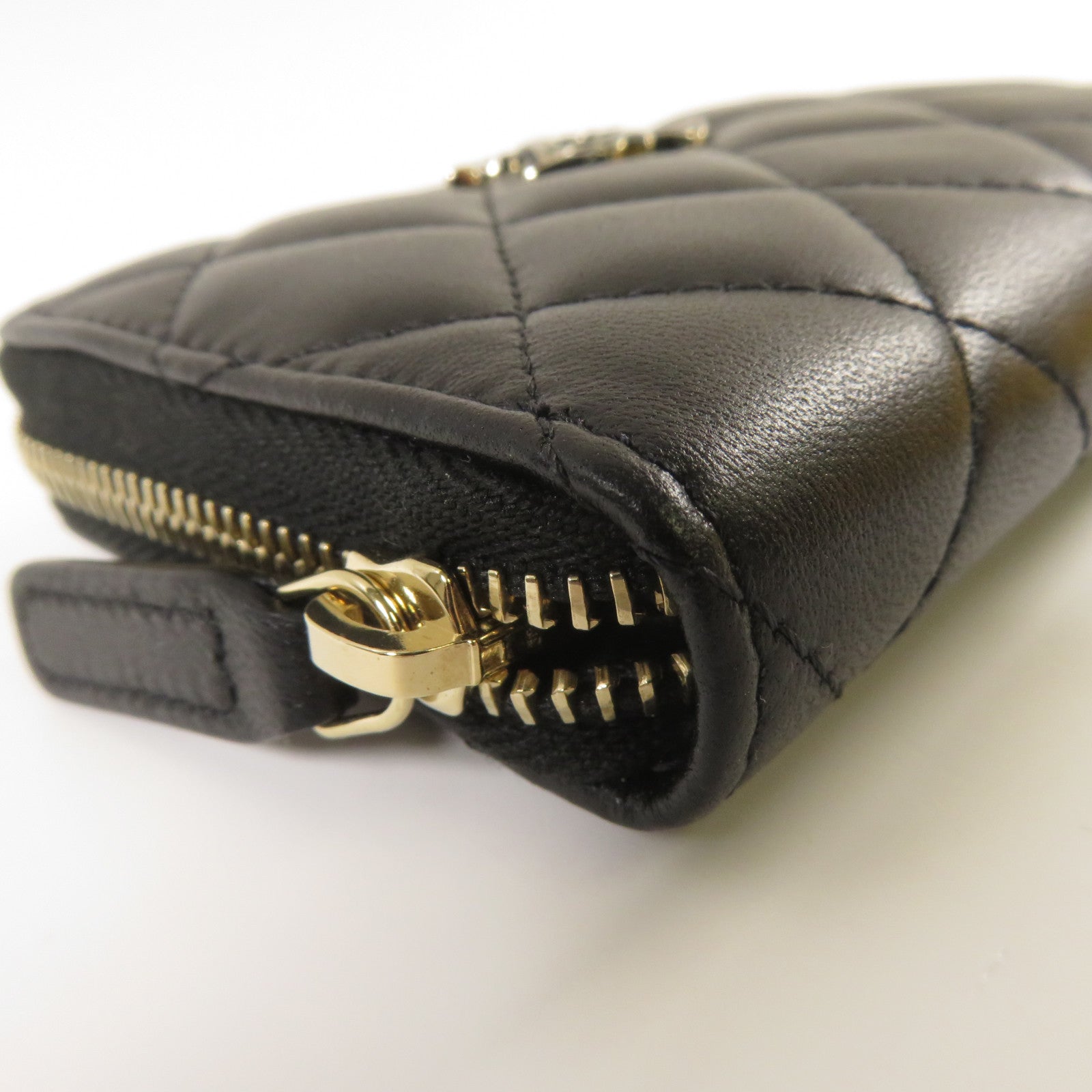 CHANEL 菱格羊皮皮革Zipper Wallet金扣錢包黑色
