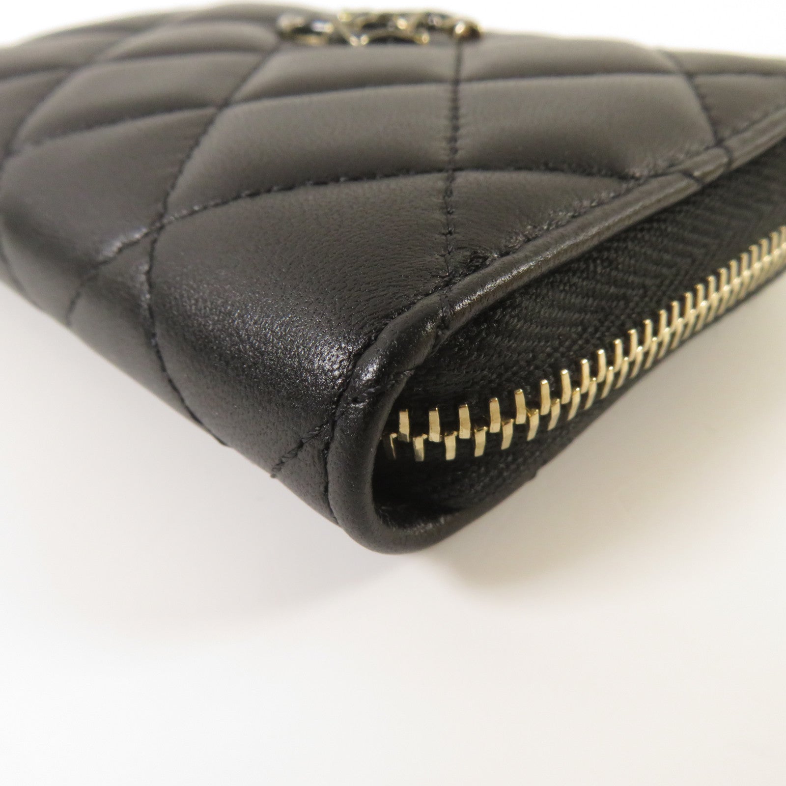 CHANEL 菱格羊皮皮革Zipper Wallet金扣錢包黑色