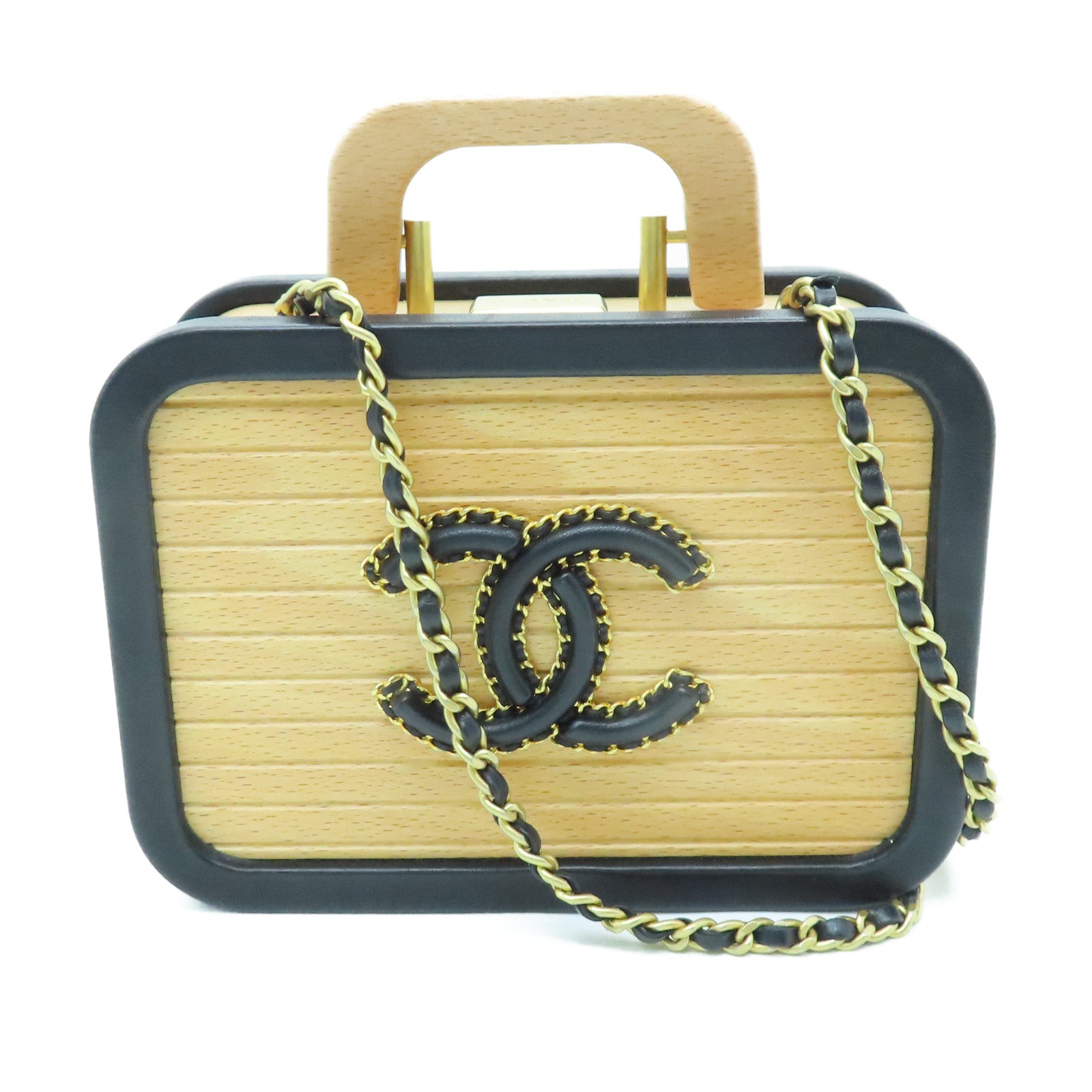 CHANEL 木製Vanity Case Wood金扣鏈帶肩背袋米色/黑色