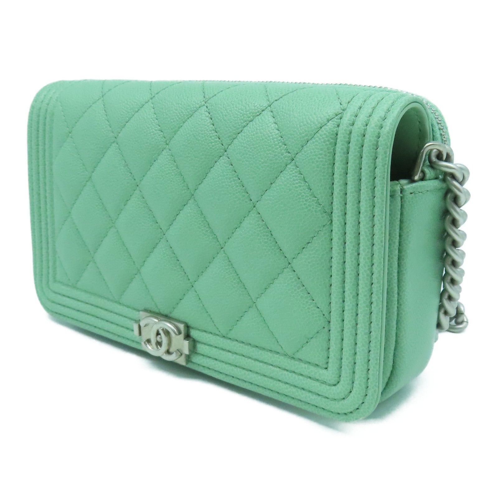 CHANEL 菱格Caviar皮革Boy Chain Shoulder Bag銀扣鏈帶肩背袋淺綠色