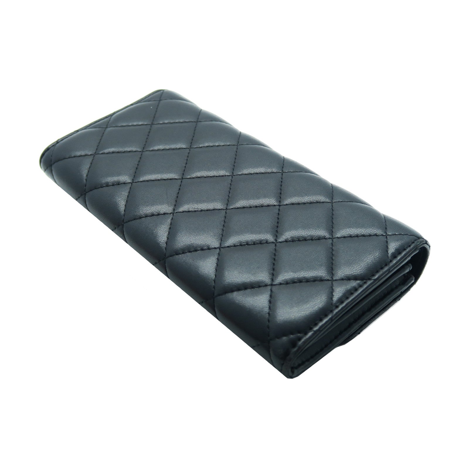 CHANEL 菱格羊皮皮革Long Wallet銀扣啪鈕長錢包黑色