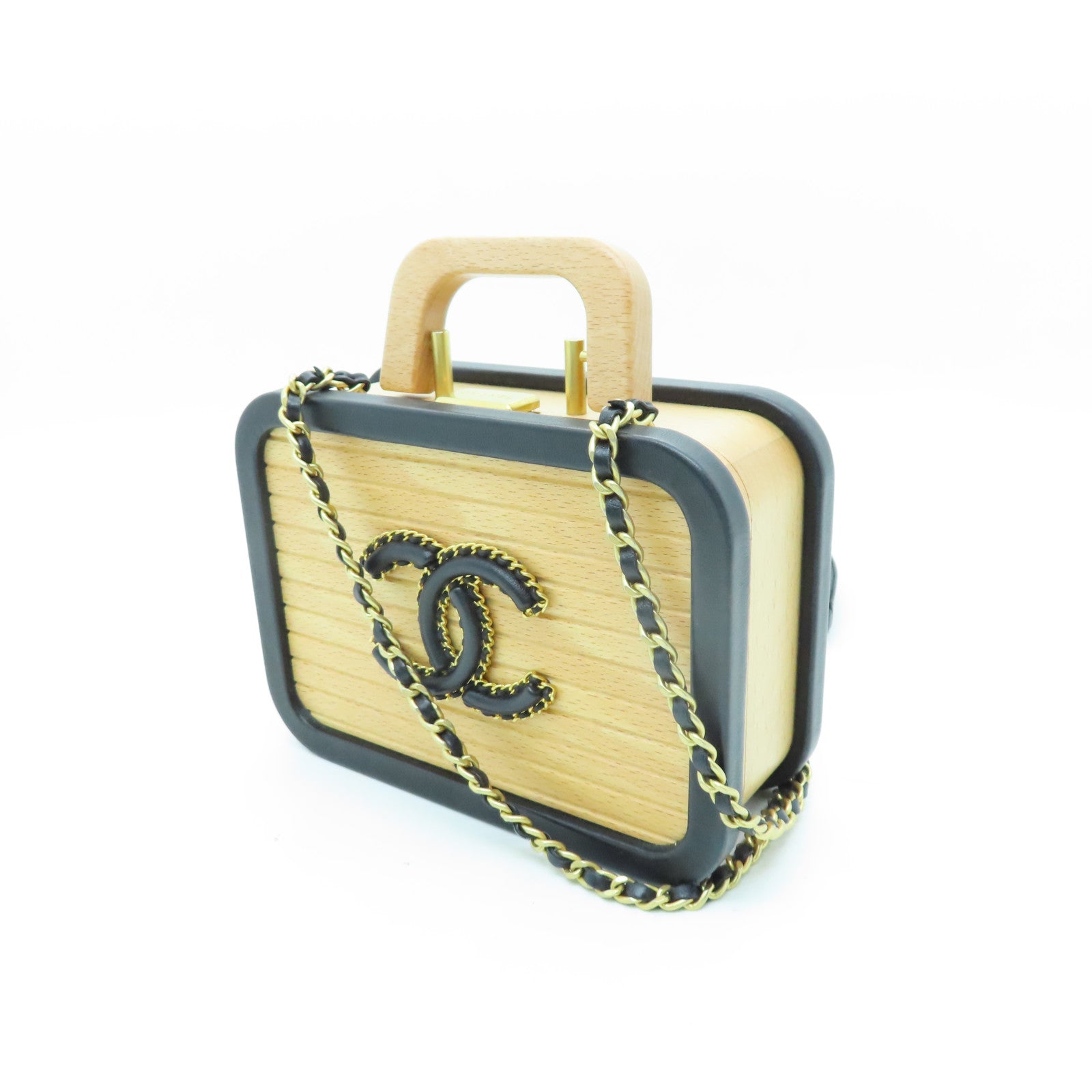 CHANEL 木制Vanity Case Wood金扣链带肩背袋米色/黑色