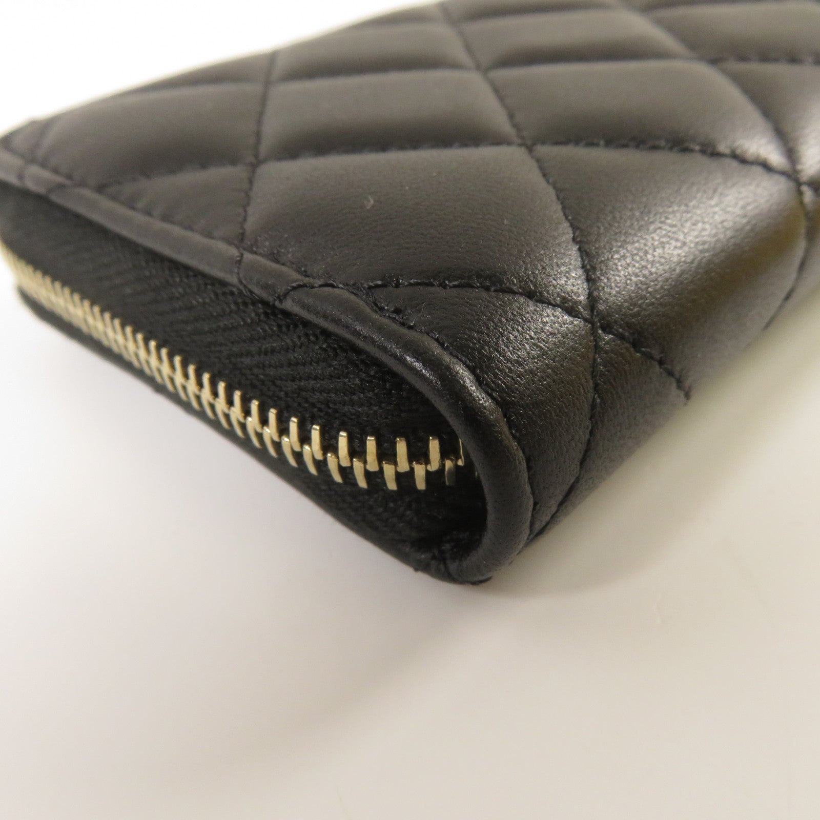 CHANEL 菱格羊皮皮革Zipper Wallet金扣錢包黑色