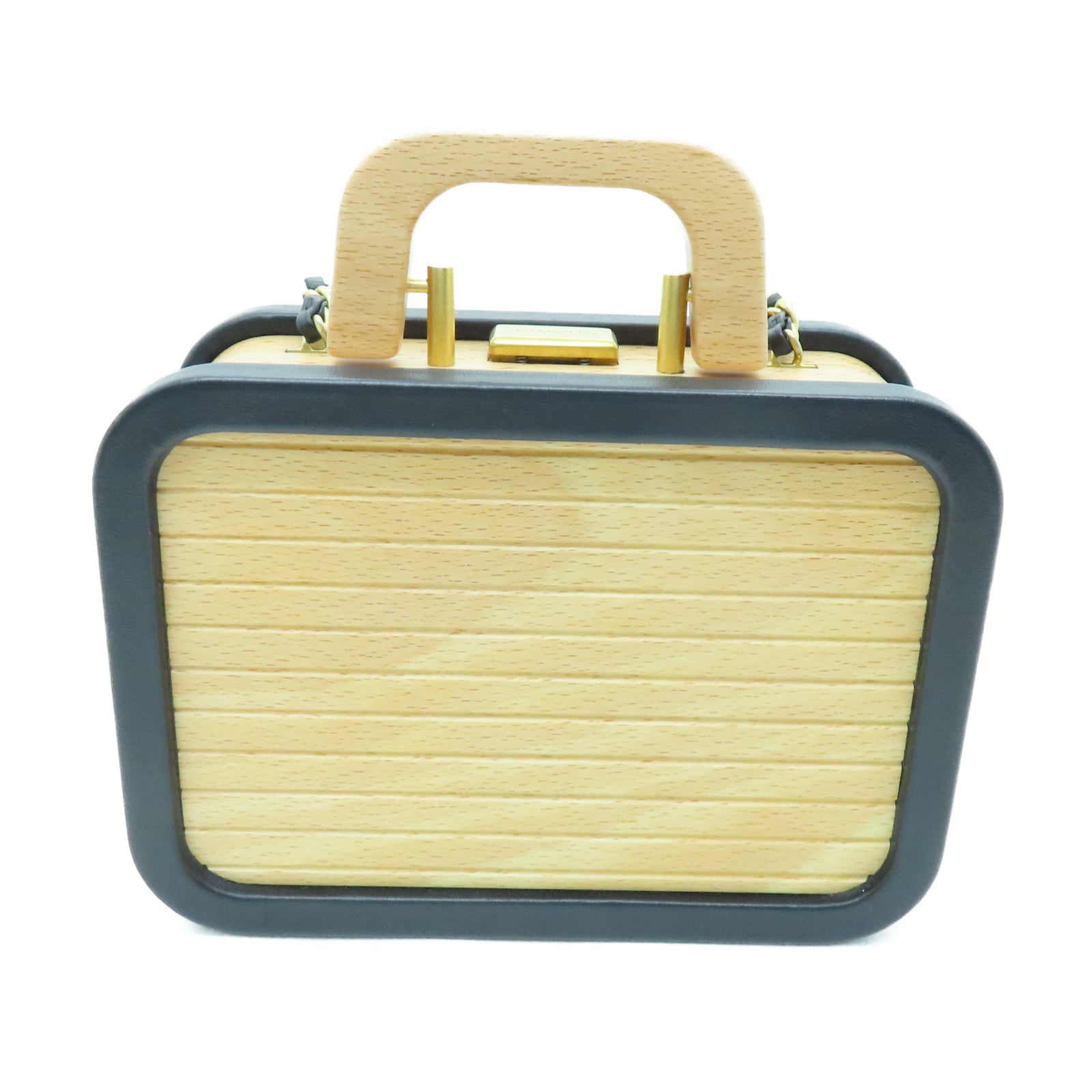 CHANEL 木制Vanity Case Wood金扣链带肩背袋米色/黑色