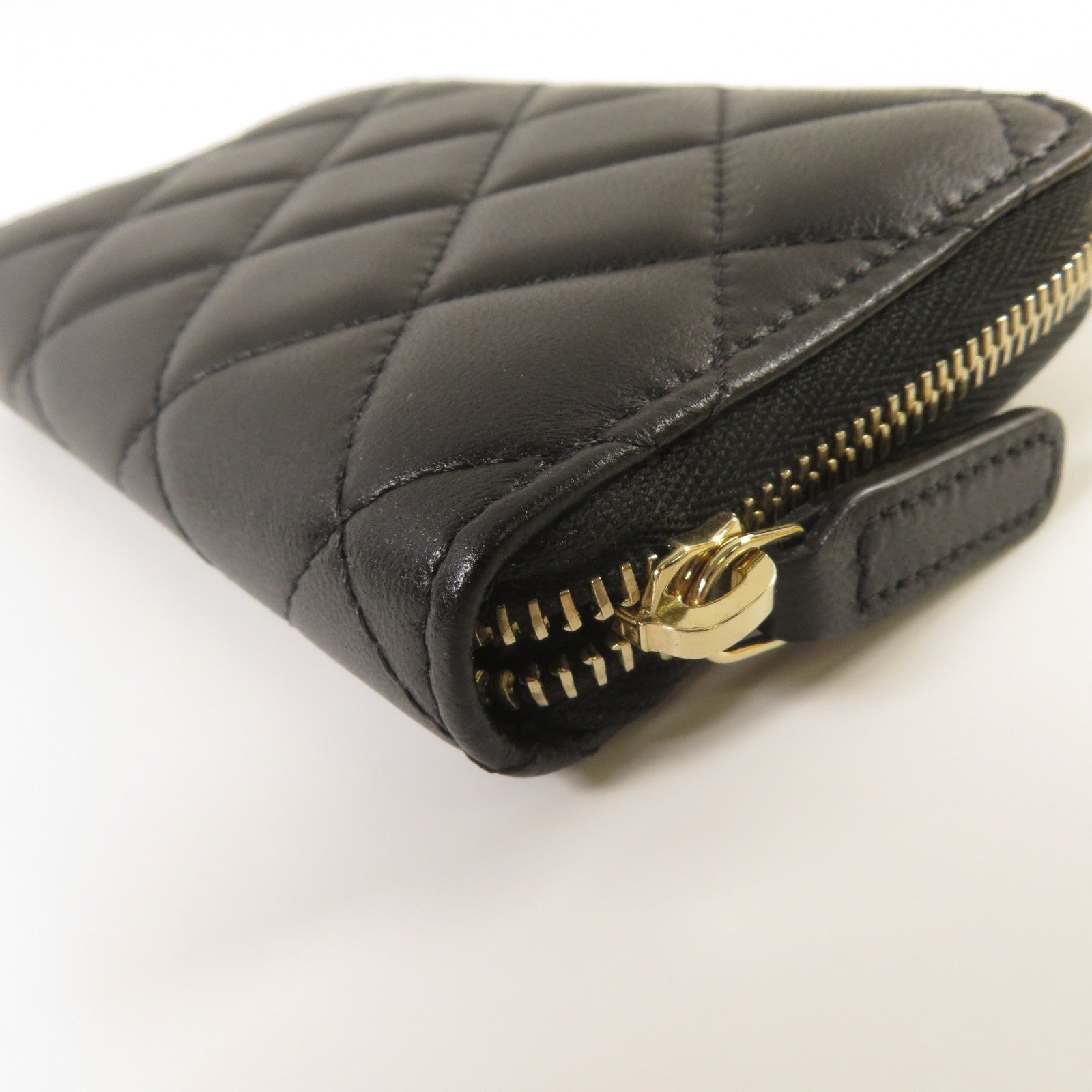 CHANEL 菱格羊皮皮革Zipper Wallet金扣錢包黑色