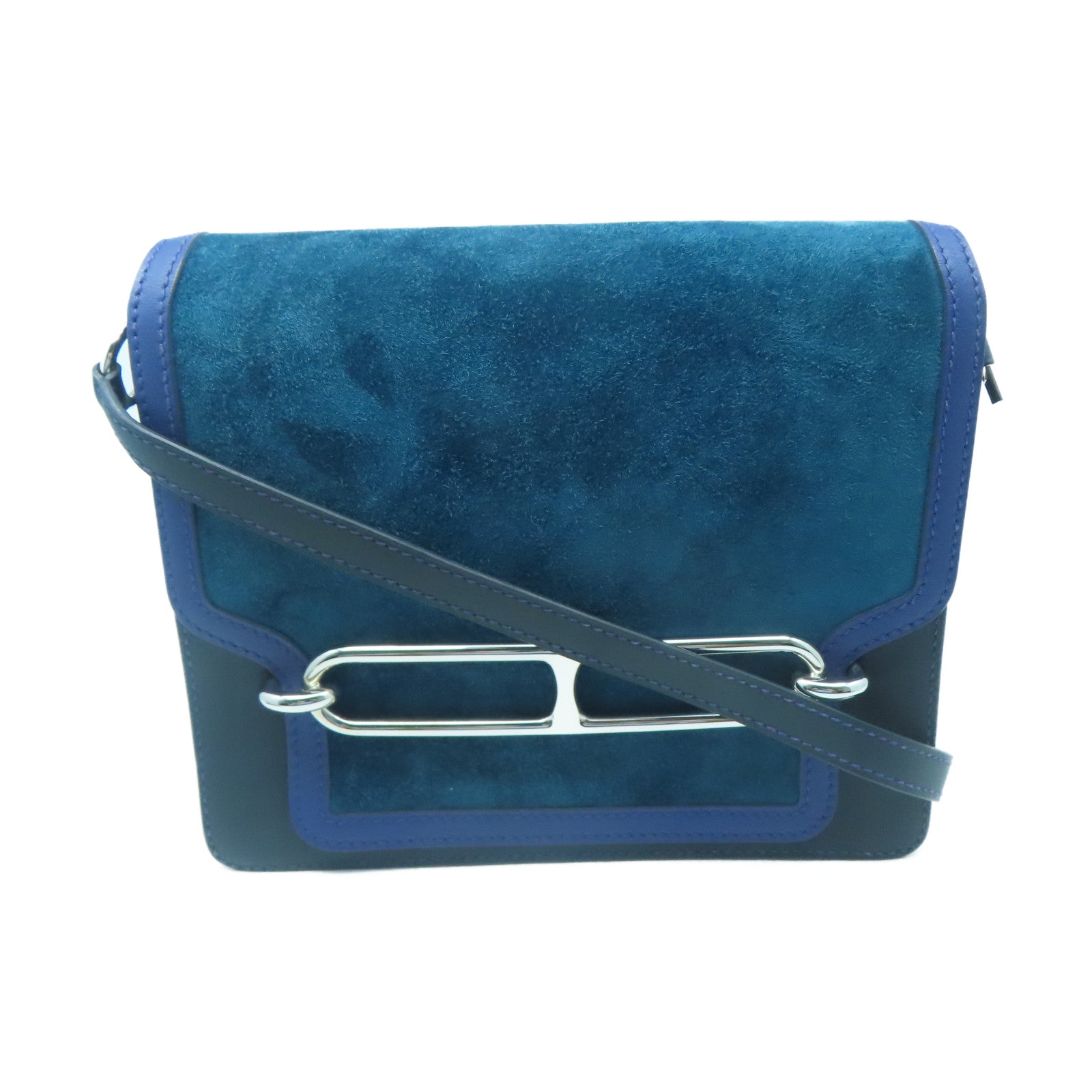 HERMES Suede Leather Roulis 23 Silver Buckle Shoulder Bag Blue