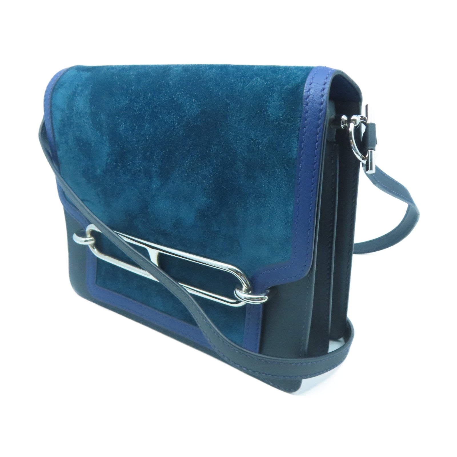 HERMES Suede Leather Roulis 23 Silver Buckle Shoulder Bag Blue