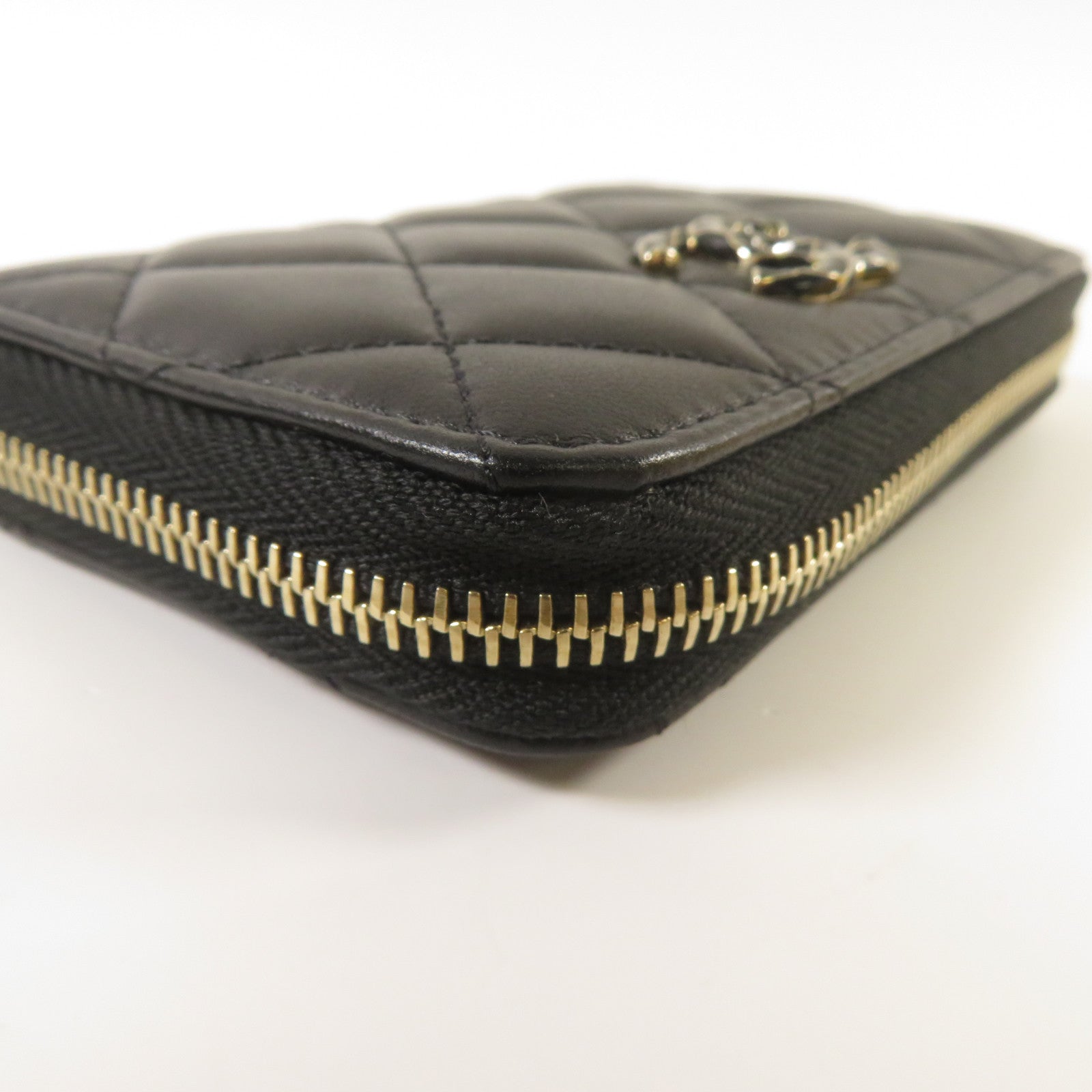 CHANEL 菱格羊皮皮革Zipper Wallet金扣錢包黑色