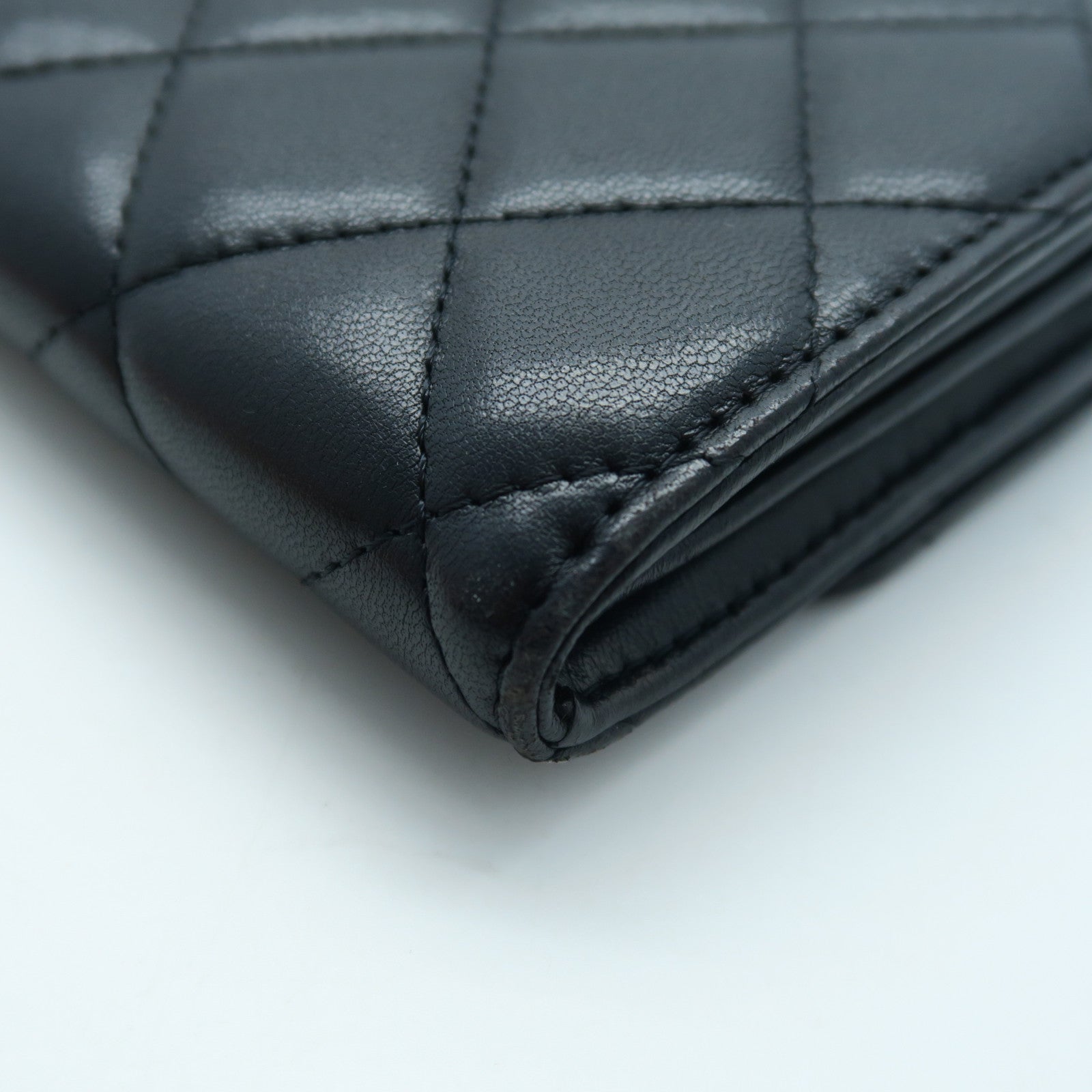 CHANEL 菱格羊皮皮革Long Wallet銀扣啪鈕長錢包黑色