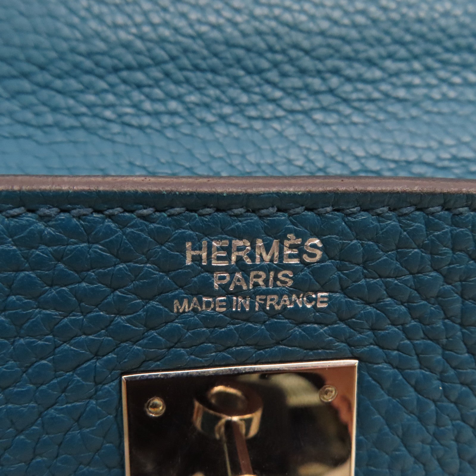 HERMES Clemence Leather Kelly32 Silver Buckle Handle Shoulder Backpack Bleu de Galice/Dark Blue