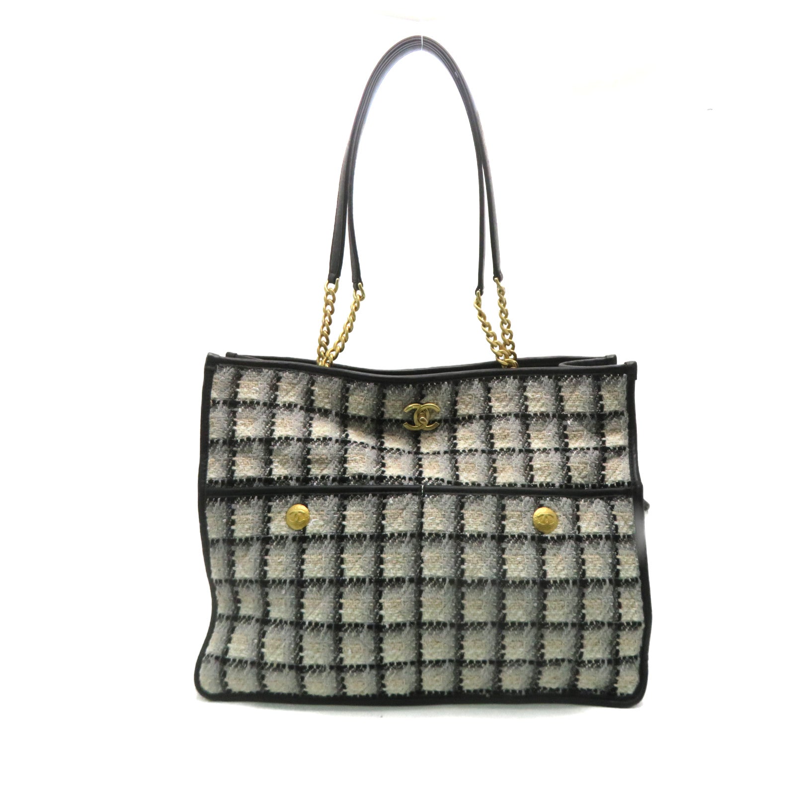 CHANEL Tweed Shoulder Bag Gold Buckle Chain Shoulder Bag Beige/Black