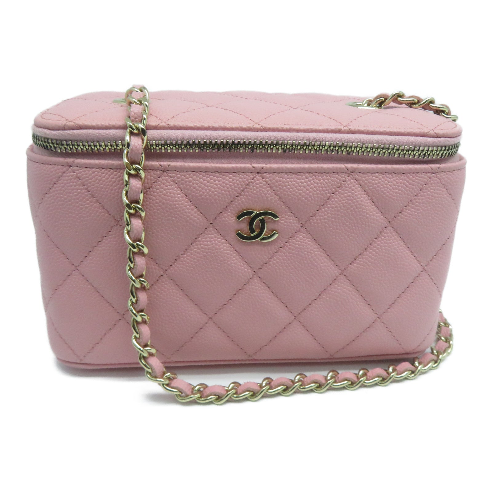 CHANEL 菱格羊皮皮革Small Vanity Case金扣鏈帶肩背袋粉紅色