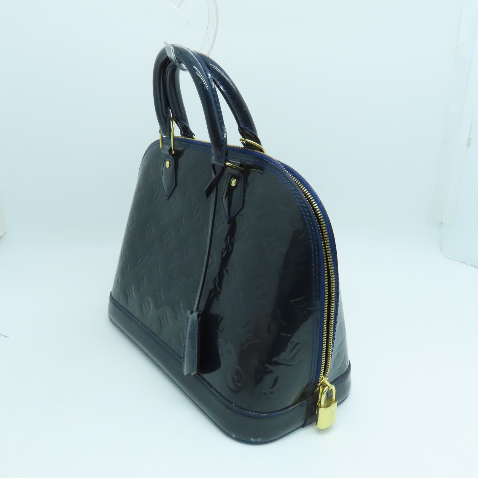 LOUIS VUITTON Monogram Vernis Alma Tote Bag Gold Buckle Blue