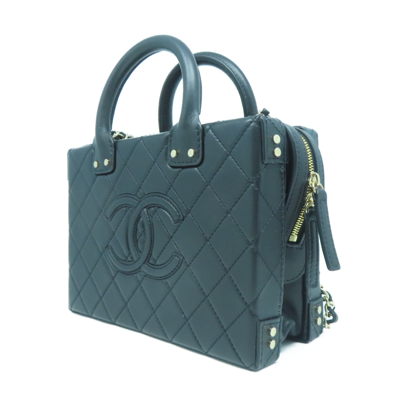 CHANEL 菱格牛皮皮革Vanity Case金扣手挽肩背兩用袋黑色