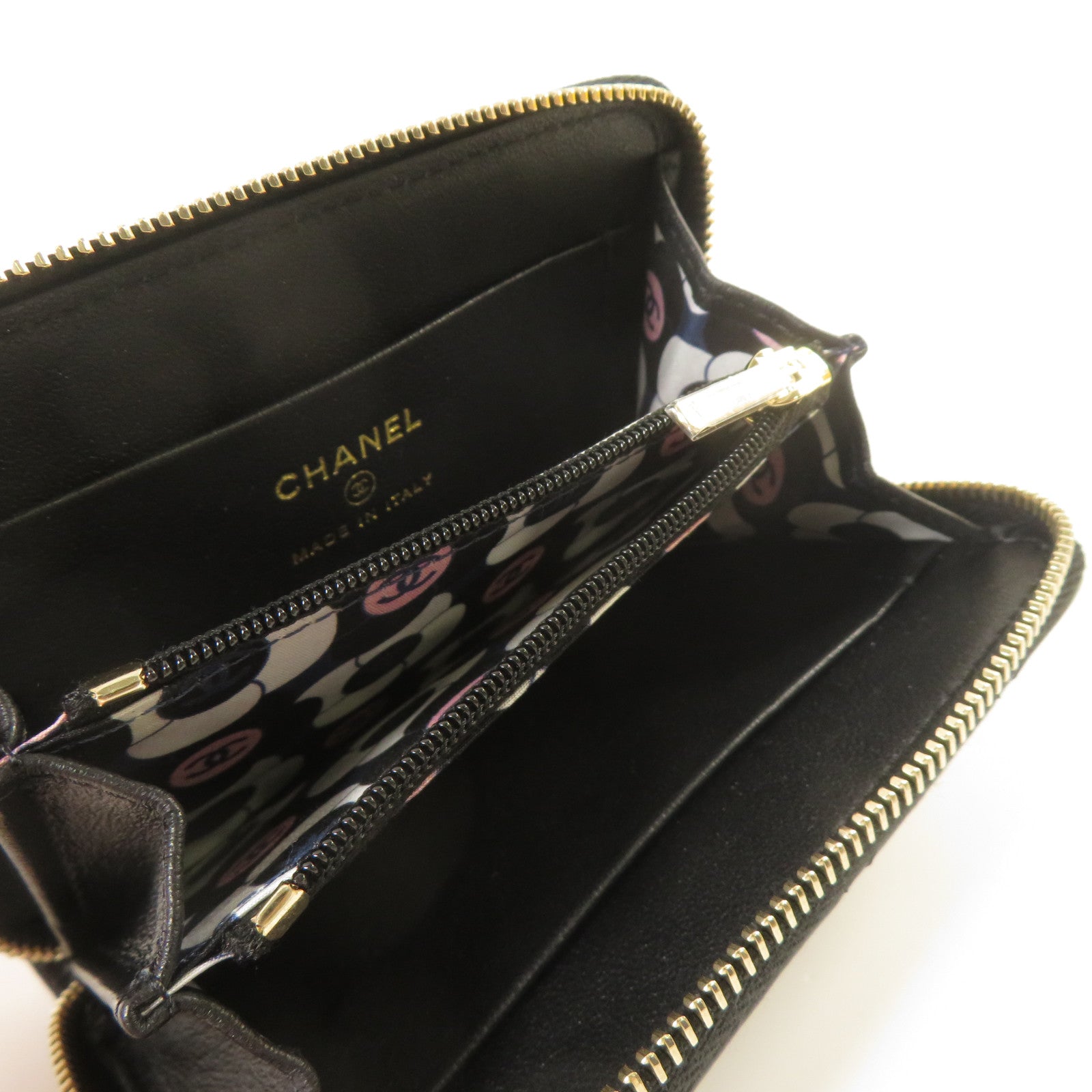 CHANEL 菱格羊皮皮革Zipper Wallet金扣錢包黑色