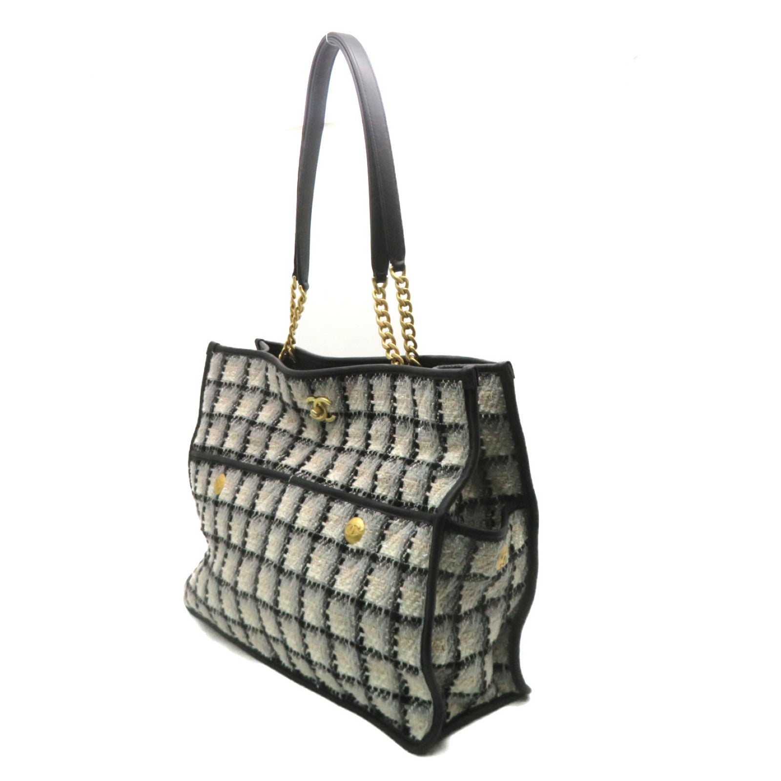 CHANEL Tweed Shoulder Bag Gold Buckle Chain Shoulder Bag Beige/Black