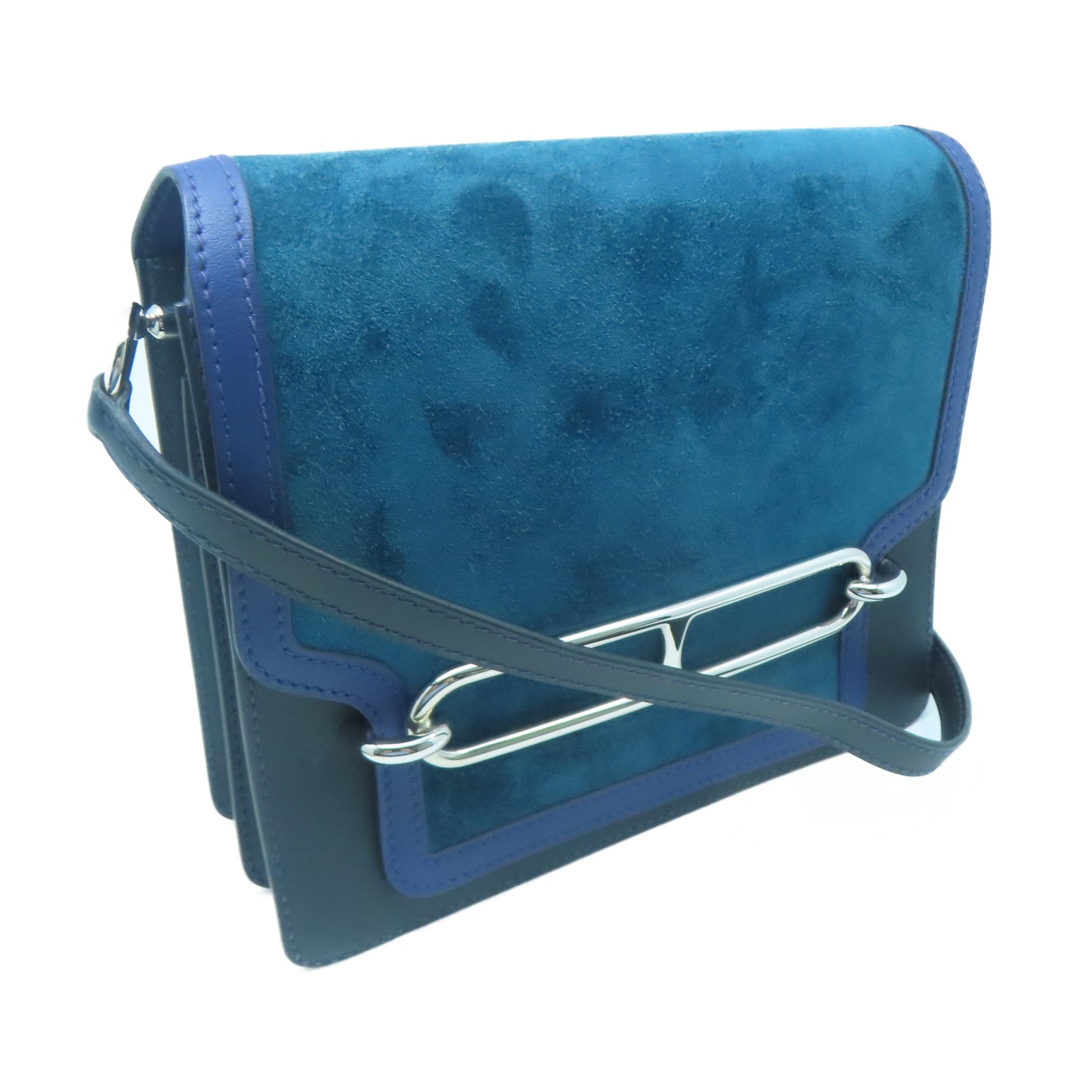 HERMES Suede Leather Roulis 23 Silver Buckle Shoulder Bag Blue