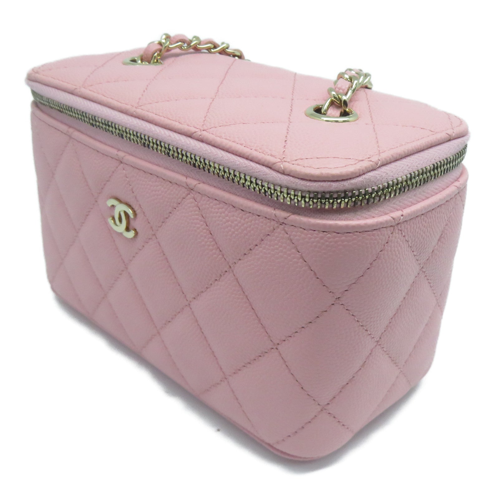 CHANEL 菱格羊皮皮革Small Vanity Case金扣鏈帶肩背袋粉紅色