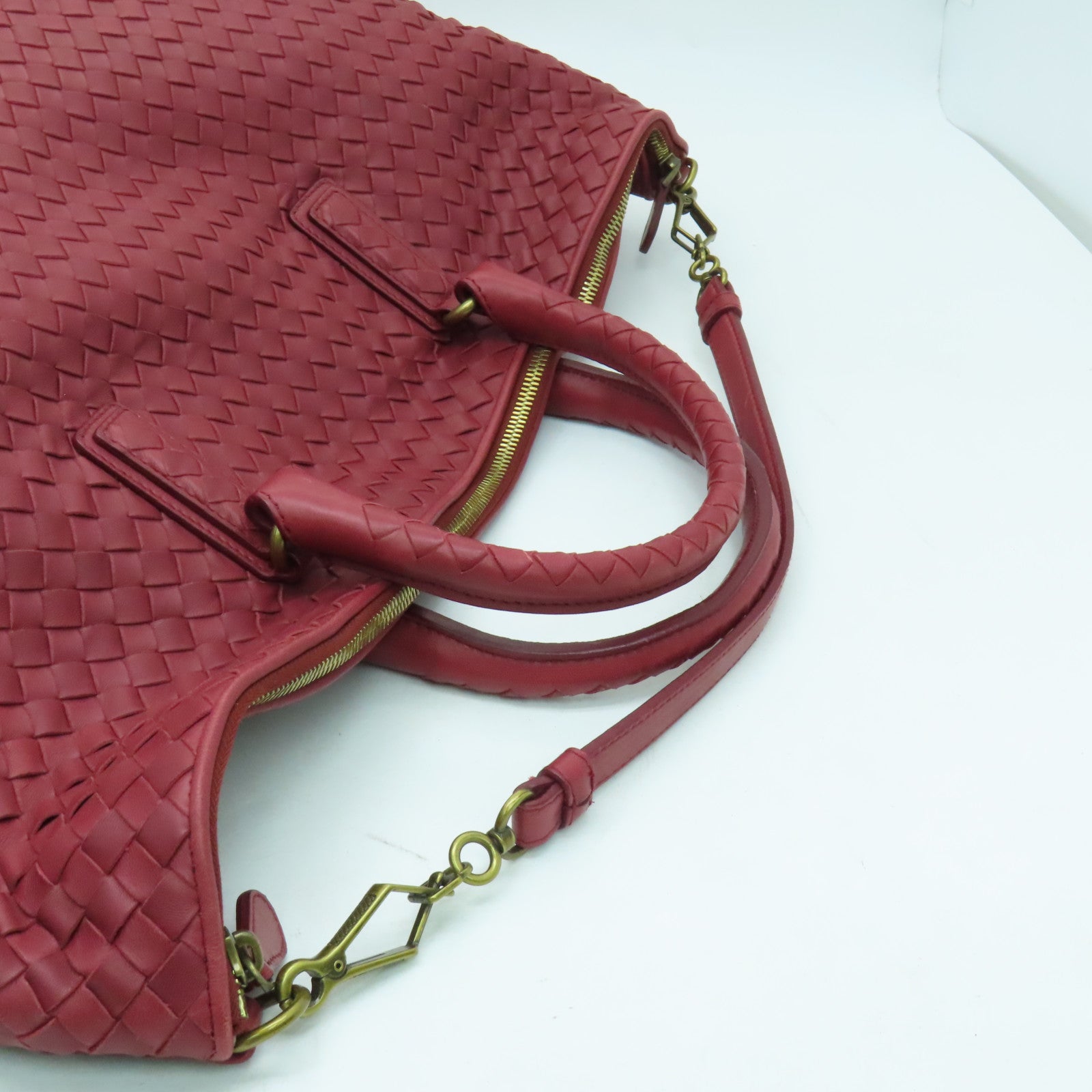 BOTTEGA VENETA 織紋皮革2way Shoulder Bag金扣手挽肩背兩用袋紅色