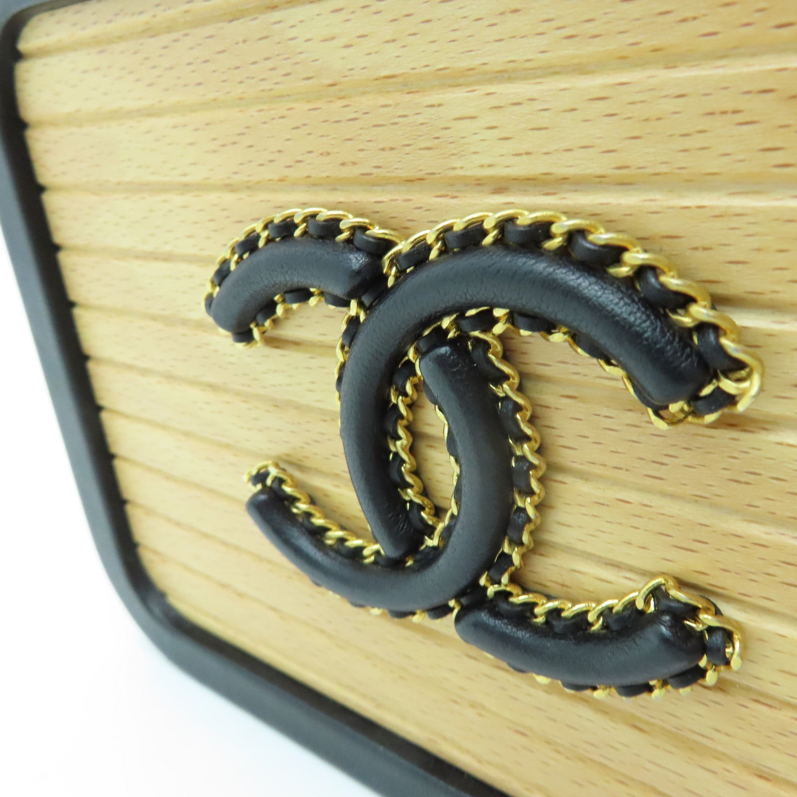 CHANEL 木制Vanity Case Wood金扣链带肩背袋米色/黑色