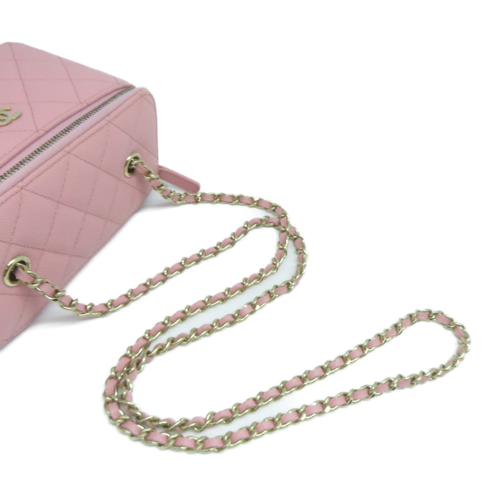 CHANEL 菱格羊皮皮革Small Vanity Case金扣鏈帶肩背袋粉紅色