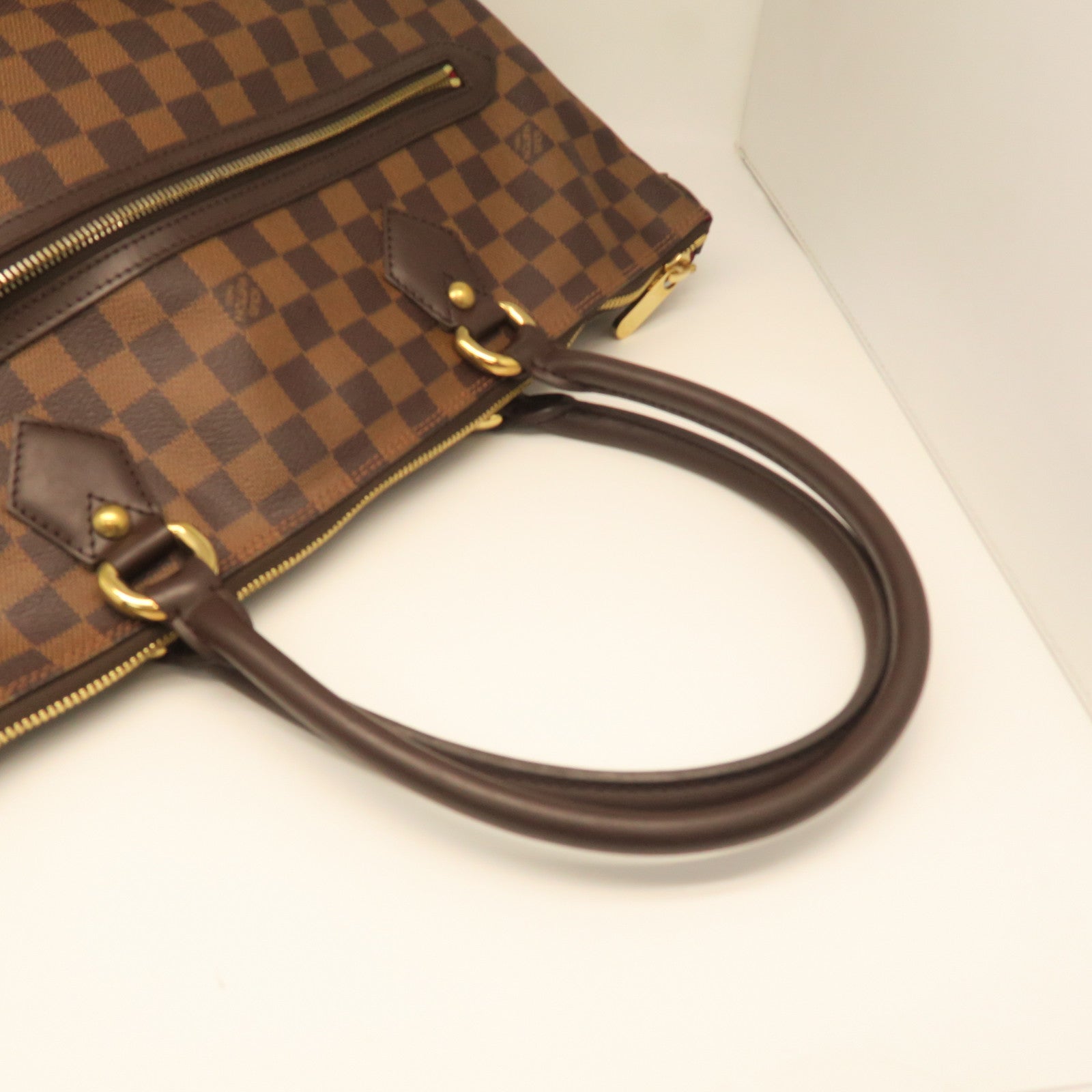 LOUIS VUITTON Damier Saleya GM gold buckle handle bag brown