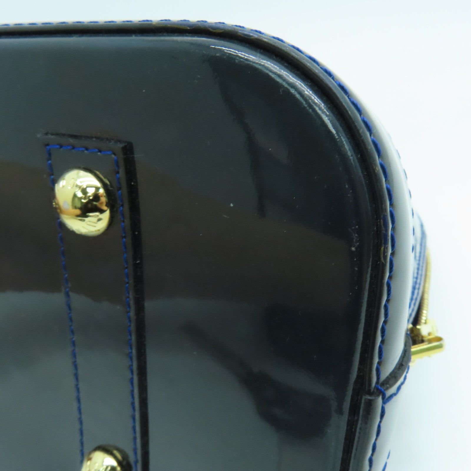 LOUIS VUITTON Monogram Vernis Alma Tote Bag Gold Buckle Blue