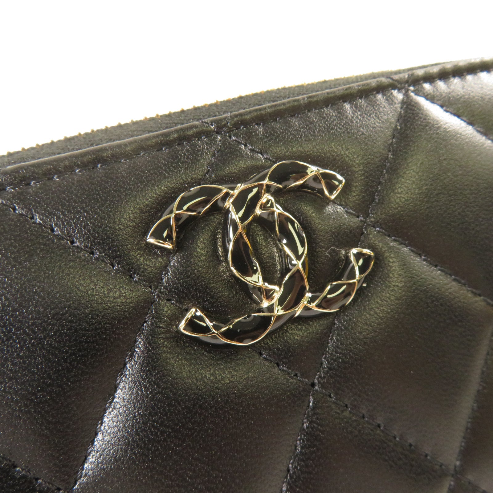 CHANEL 菱格羊皮皮革Zipper Wallet金扣錢包黑色