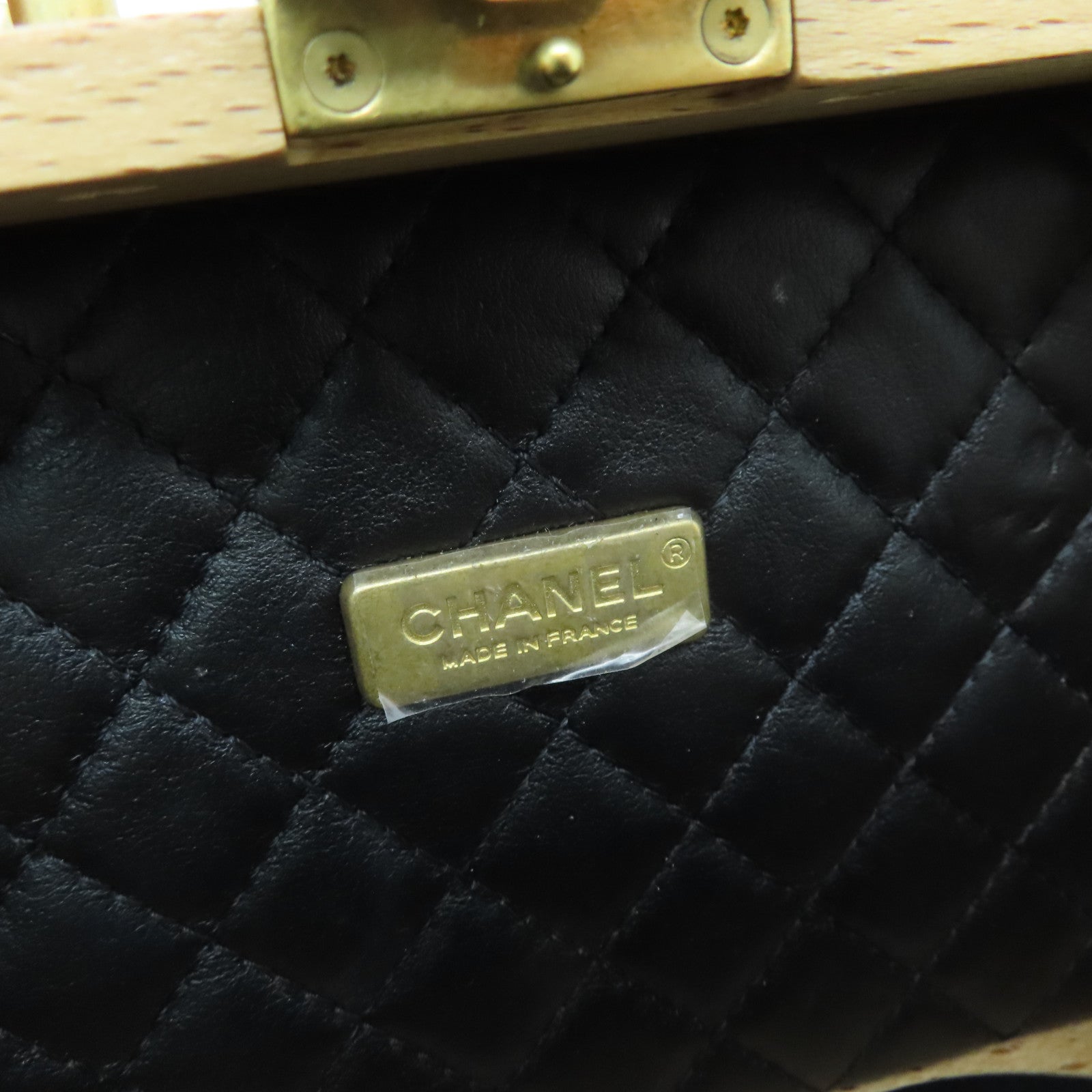 CHANEL 木制Vanity Case Wood金扣链带肩背袋米色/黑色