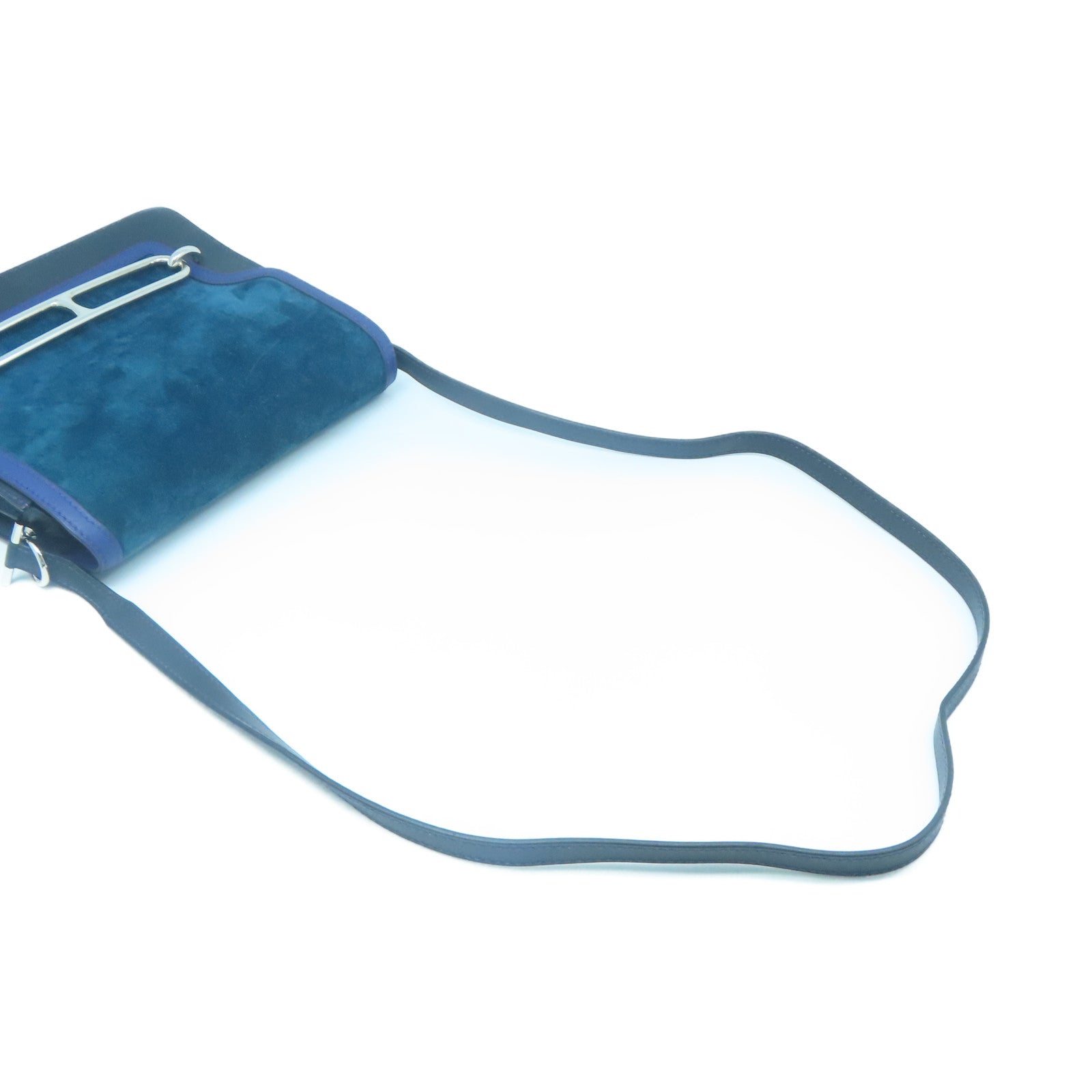 HERMES Suede Leather Roulis 23 Silver Buckle Shoulder Bag Blue