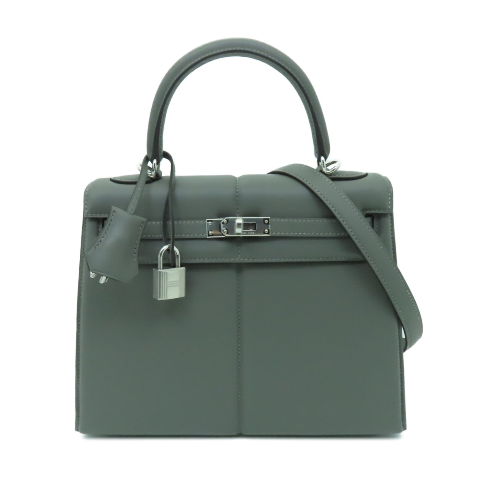 HERMES Swift皮革Kelly 25 Padded銀扣手挽肩背兩用袋Gris Meyer灰色