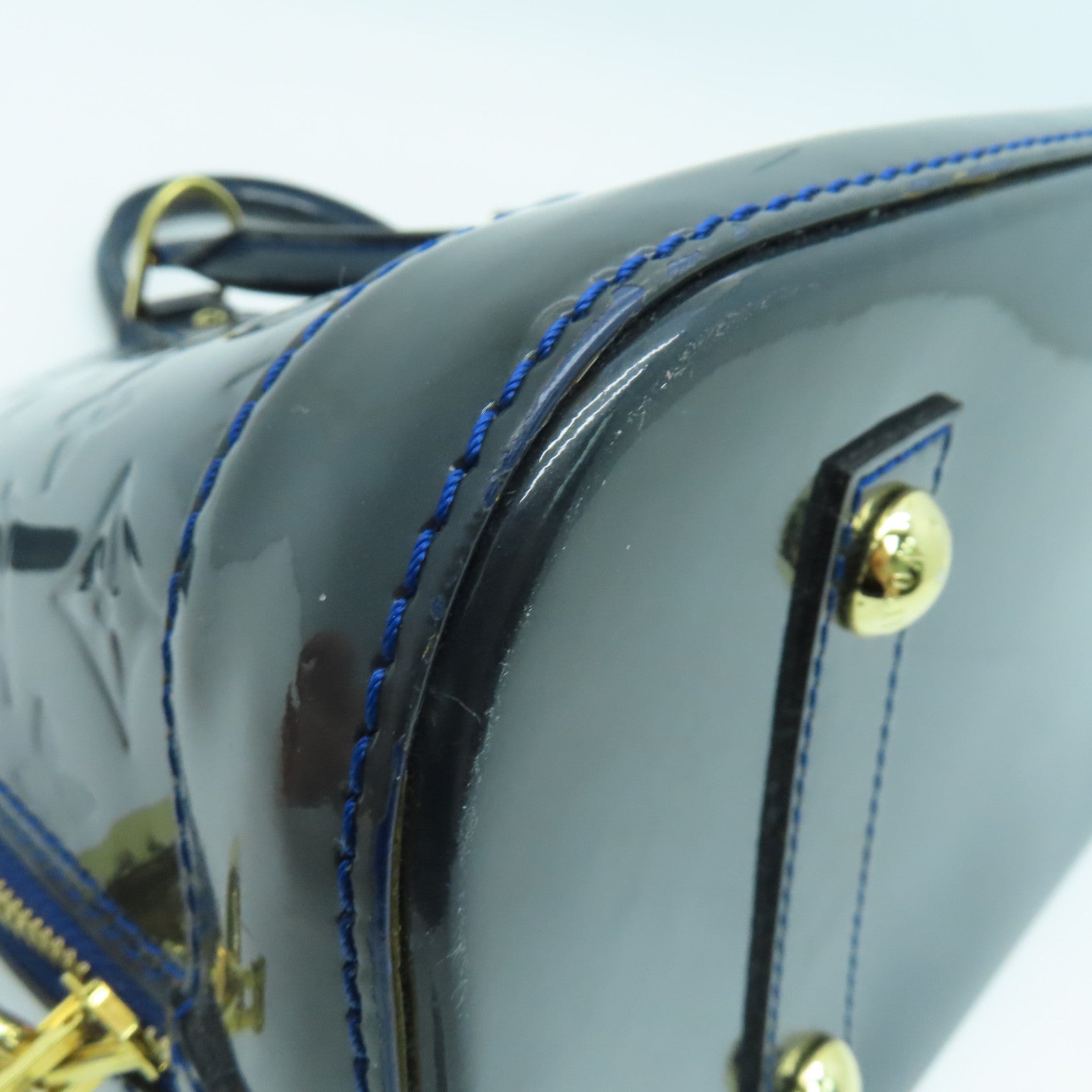 LOUIS VUITTON Monogram Vernis Alma Tote Bag Gold Buckle Blue