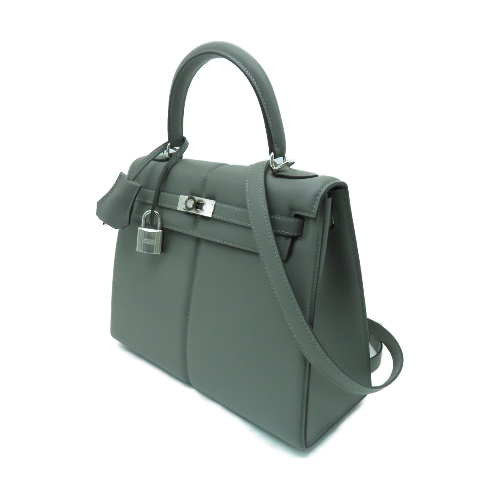 HERMES Swift皮革Kelly 25 Padded銀扣手挽肩背兩用袋Gris Meyer灰色