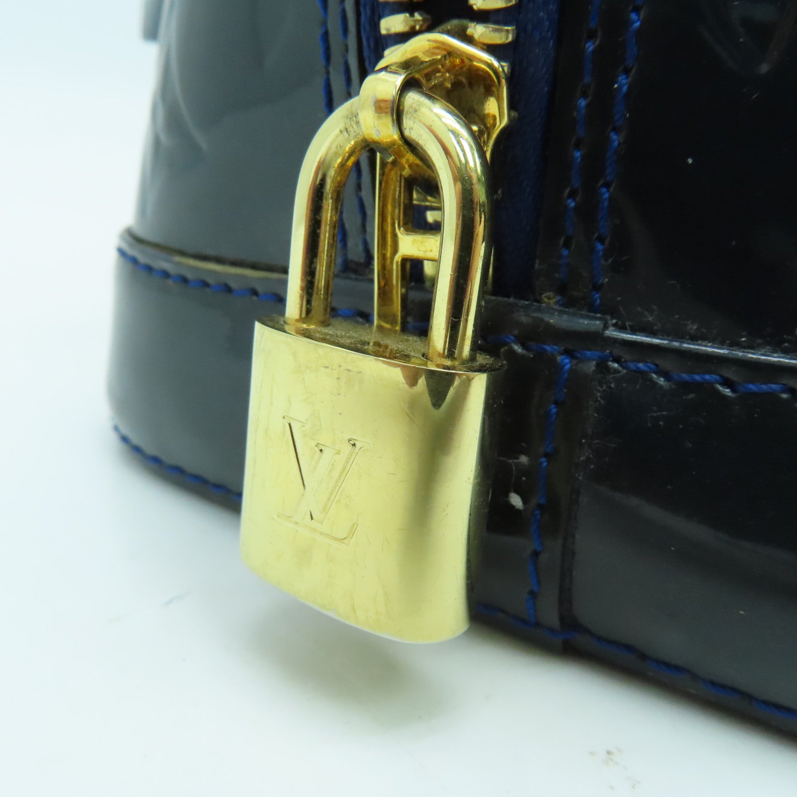 LOUIS VUITTON Monogram Vernis Alma Tote Bag Gold Buckle Blue