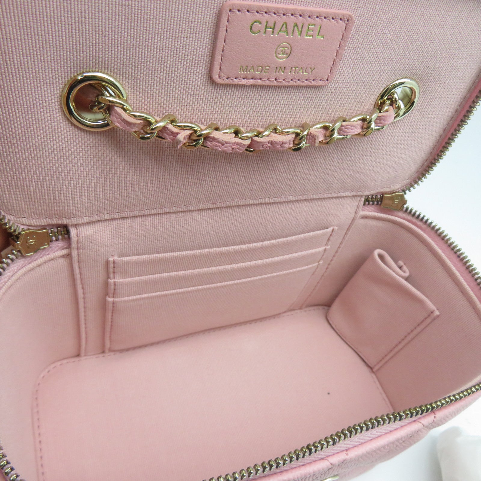 CHANEL 菱格羊皮皮革Small Vanity Case金扣鏈帶肩背袋粉紅色