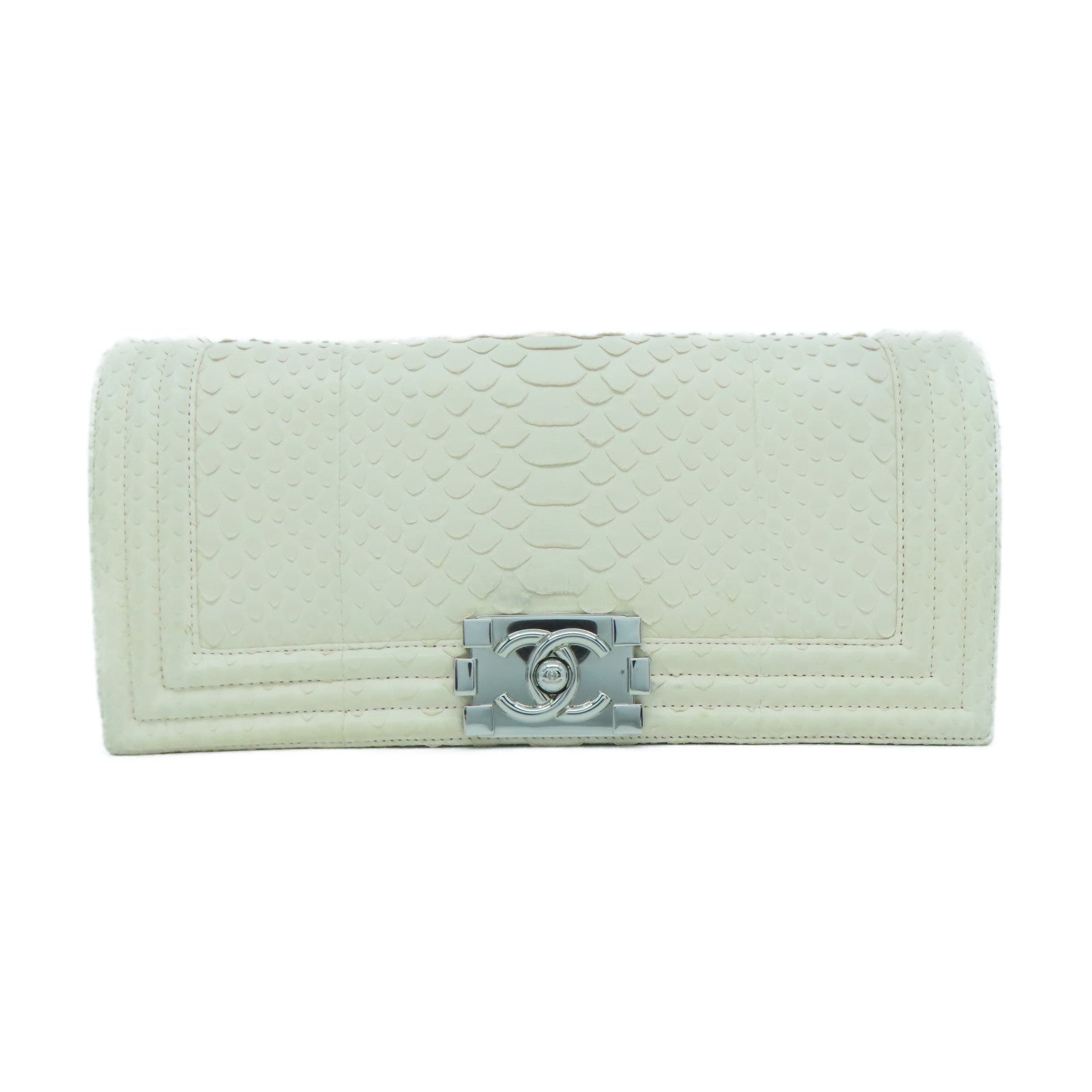 CHANEL 蛇皮皮革Clutch Bag銀扣手拿包米色