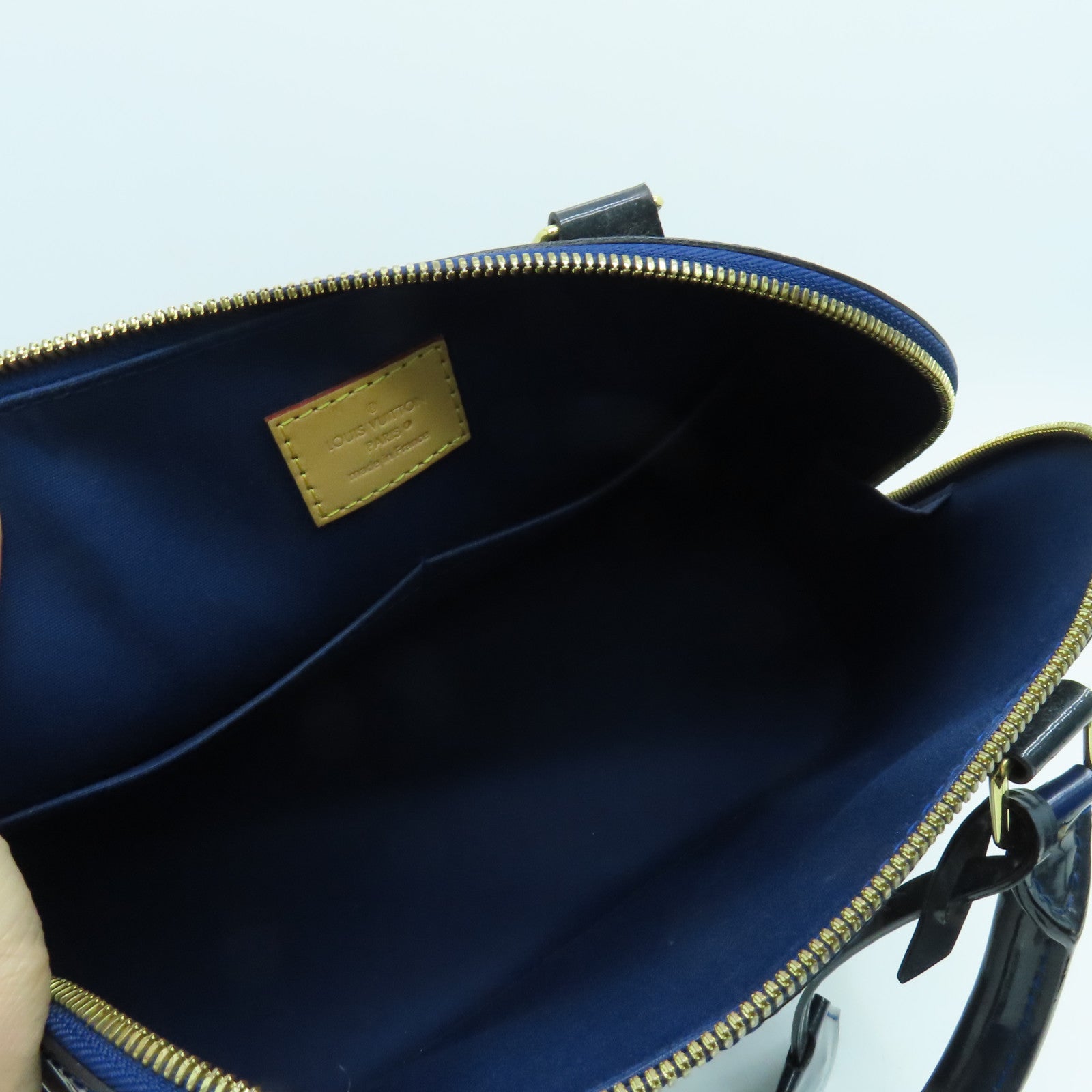 LOUIS VUITTON Monogram Vernis Alma Tote Bag Gold Buckle Blue