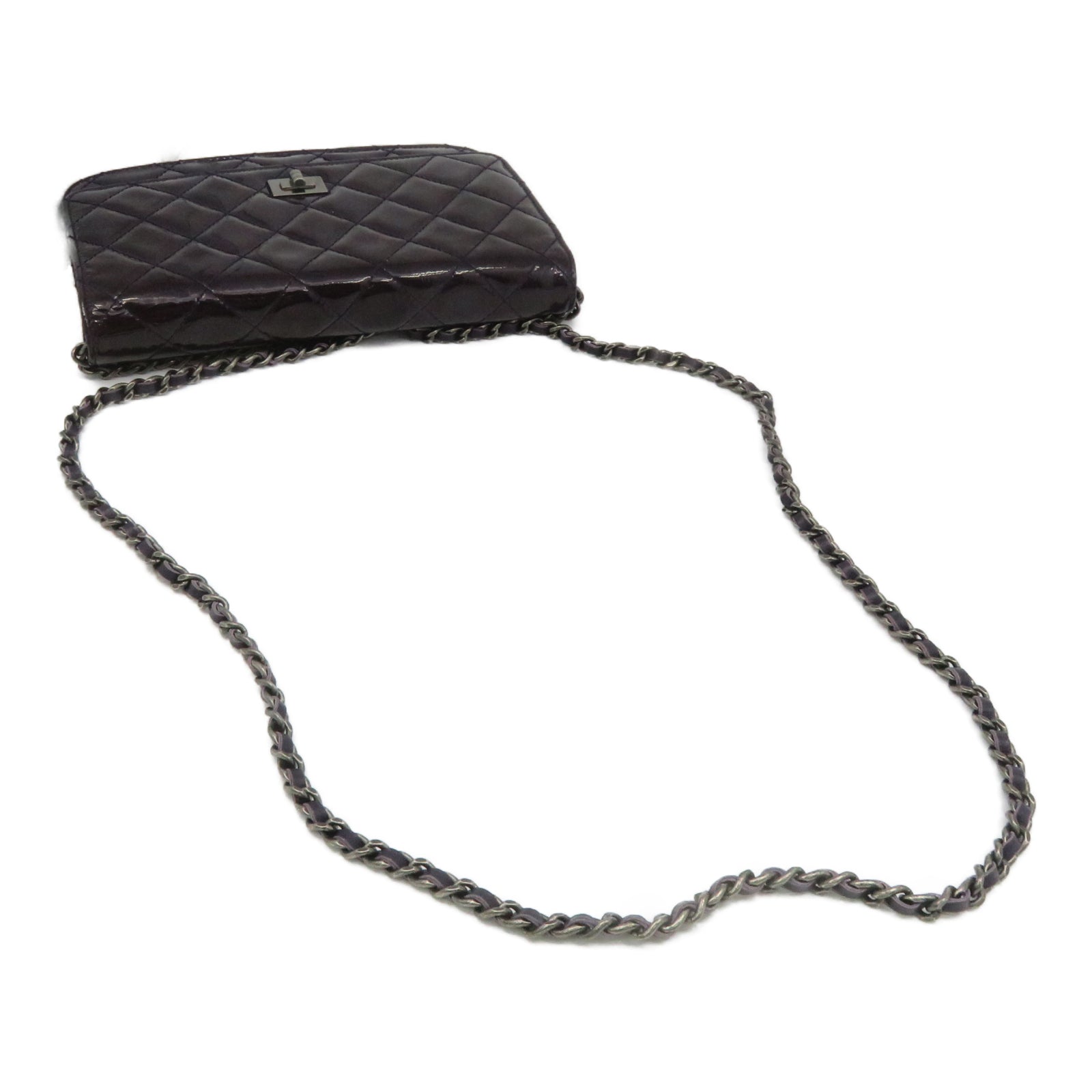 CHANEL 【激减优惠】菱格漆皮皮革2.55 Wallet on Chain银扣链带肩背袋紫色