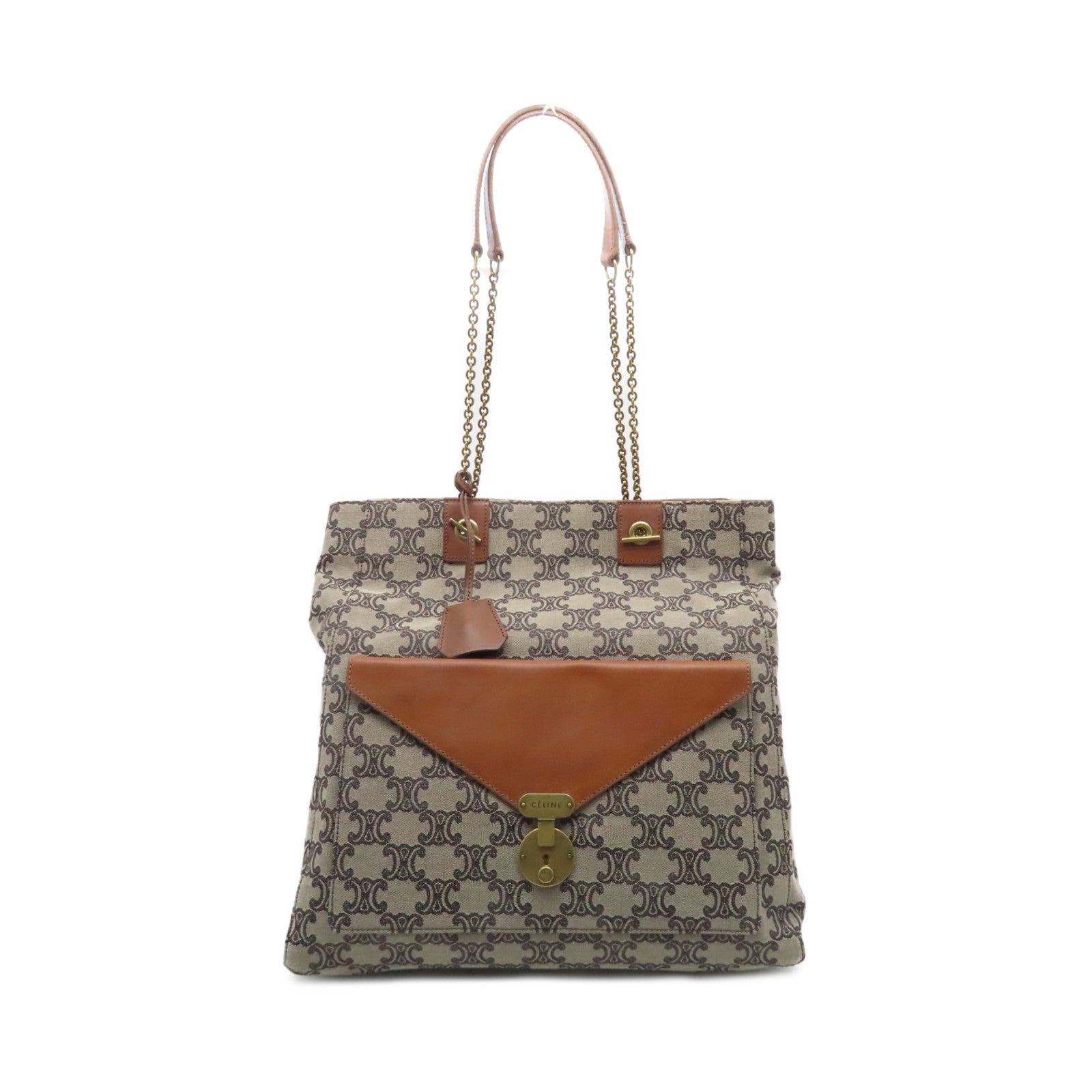 CELINE 帆布Shopper金扣鏈帶肩背袋啡色